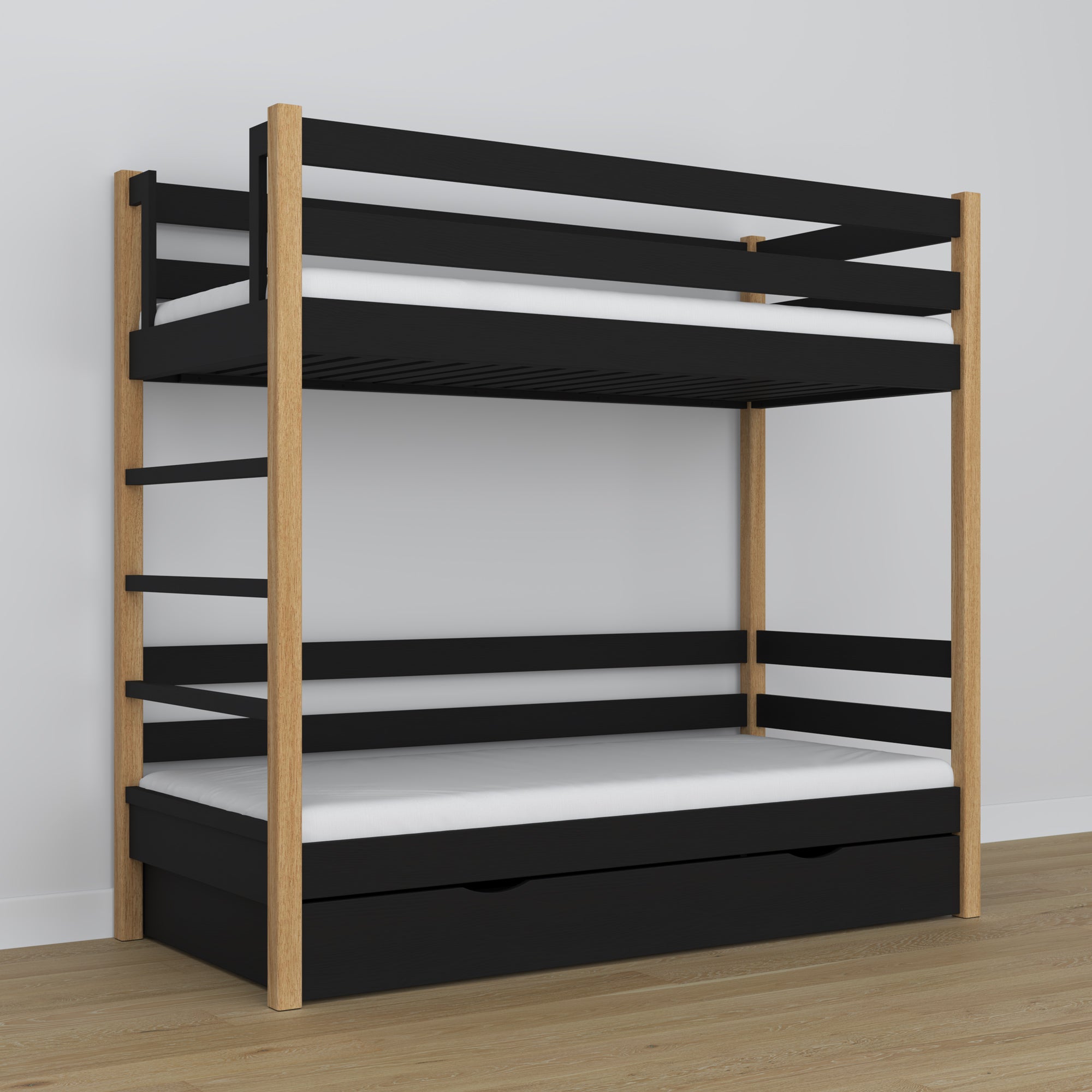 Black and Oak Wooden Bunk Bed with Drawer – Scandinavian Design, Nizio