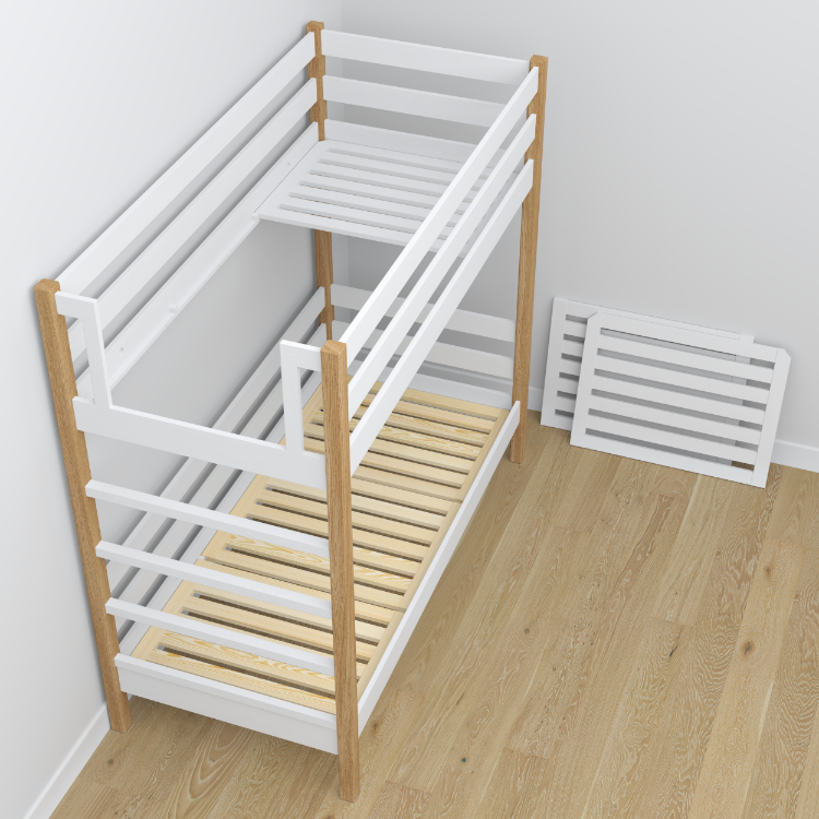 Letto a castello in legno bianco-quercia con cassetto per materasso – allestimento nella stanza