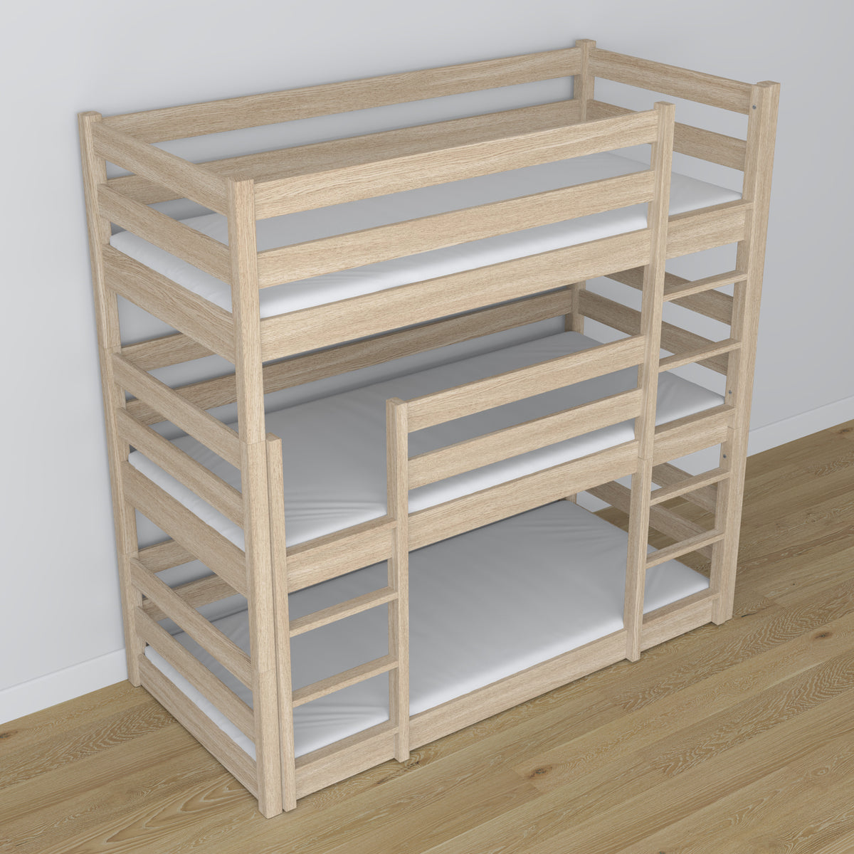 Lit superposé 3 niveaux chêne blanchi dans la chambre d'enfant – décoration scandinave, Nizio