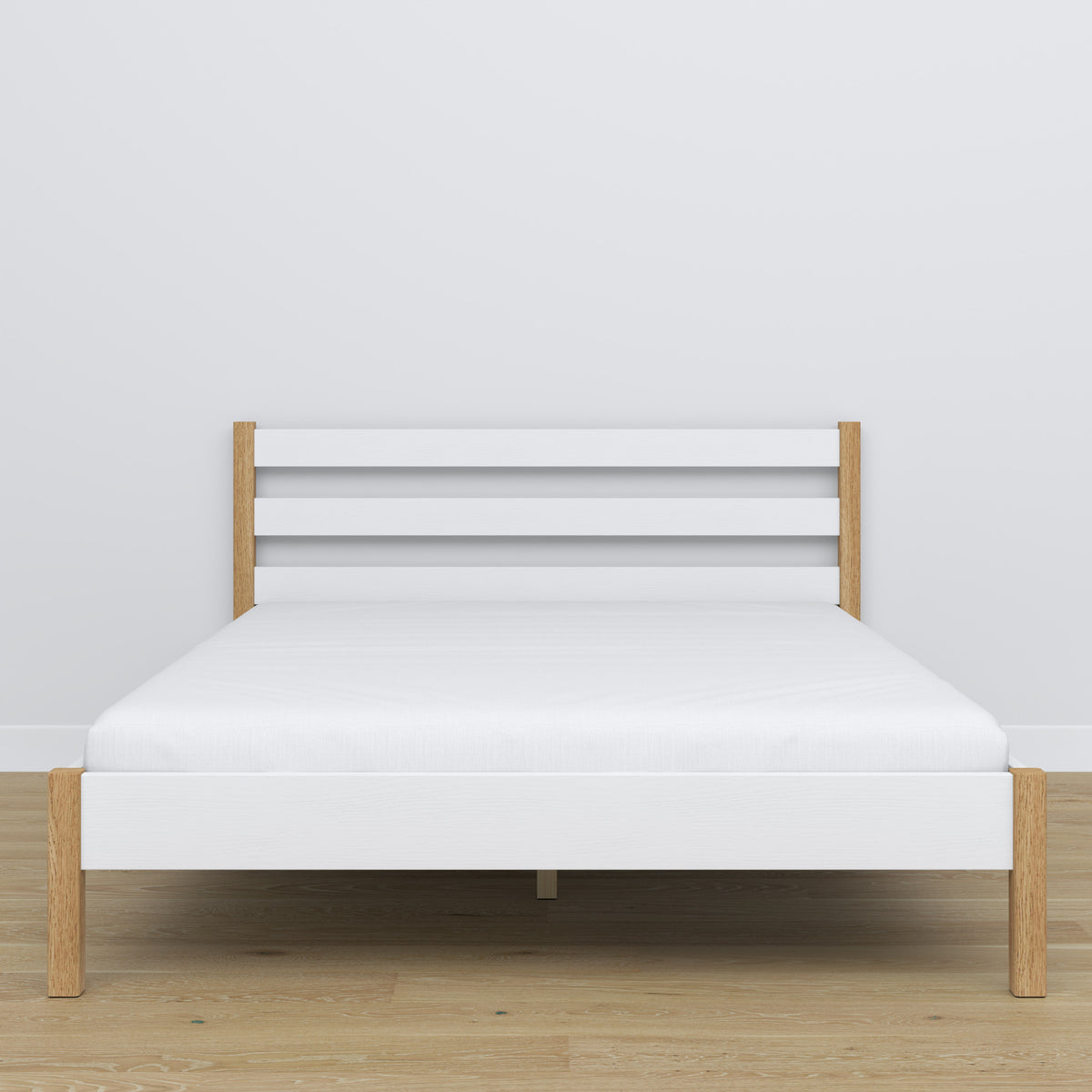 Lit double en bois blanc-chêne – vue de côté, proportions et forme, chambre
