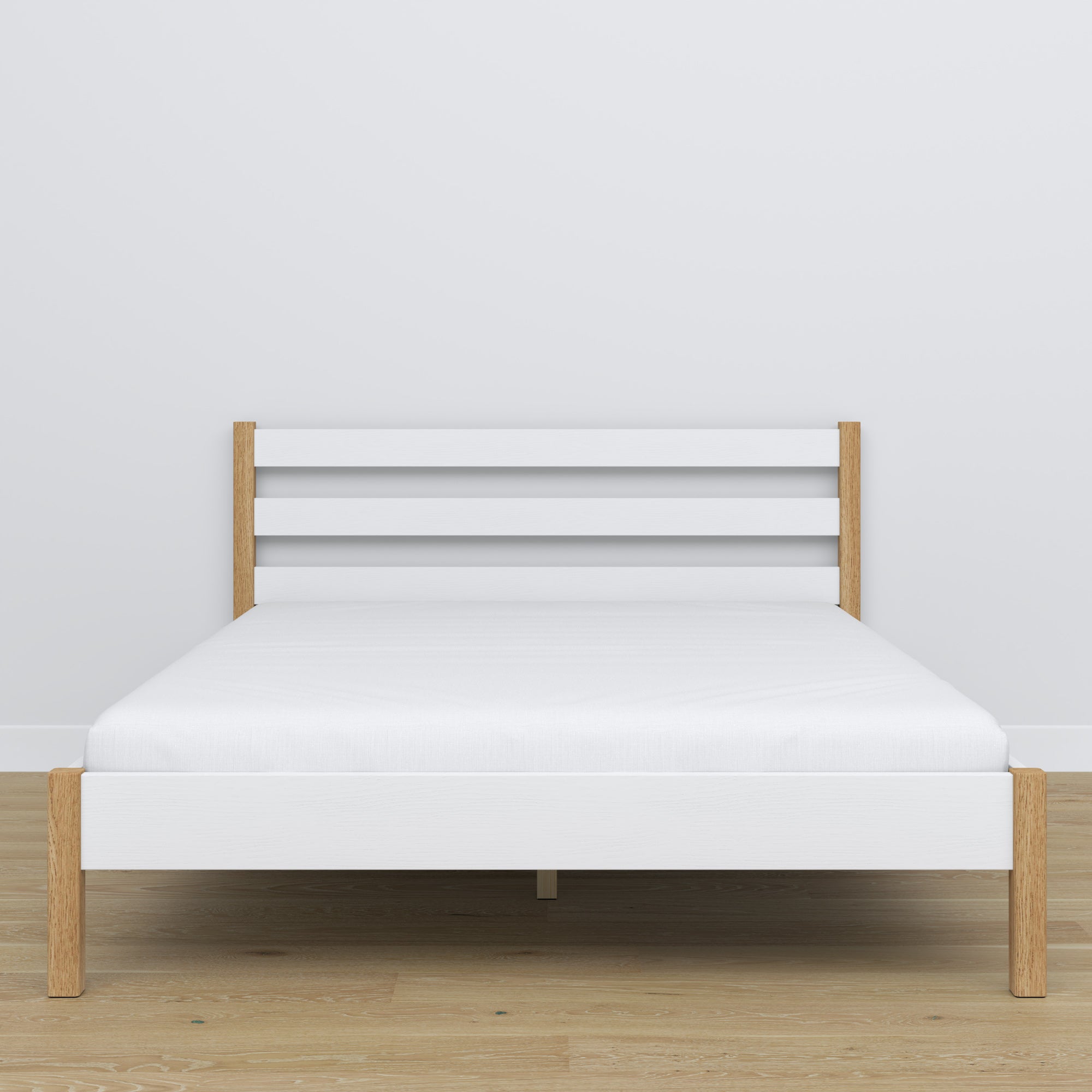 Lit double en bois blanc-chêne – vue de côté, proportions et forme, chambre