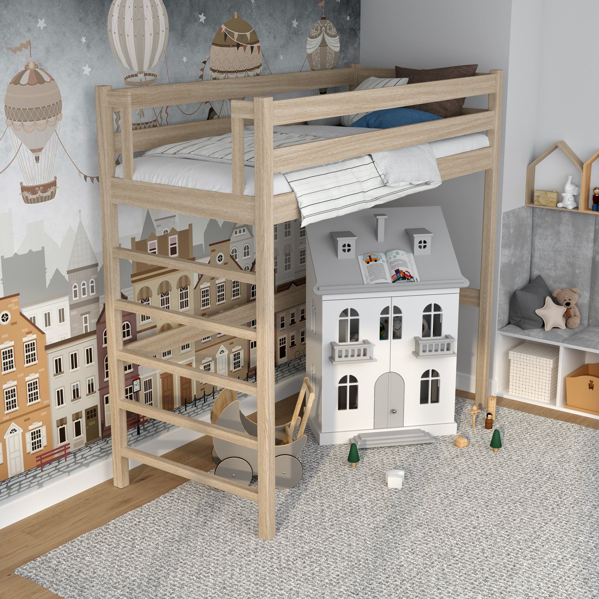 Hochbett gebleichte Eiche im Kinderzimmer – Scandi-Einrichtung, aus Eichenholz