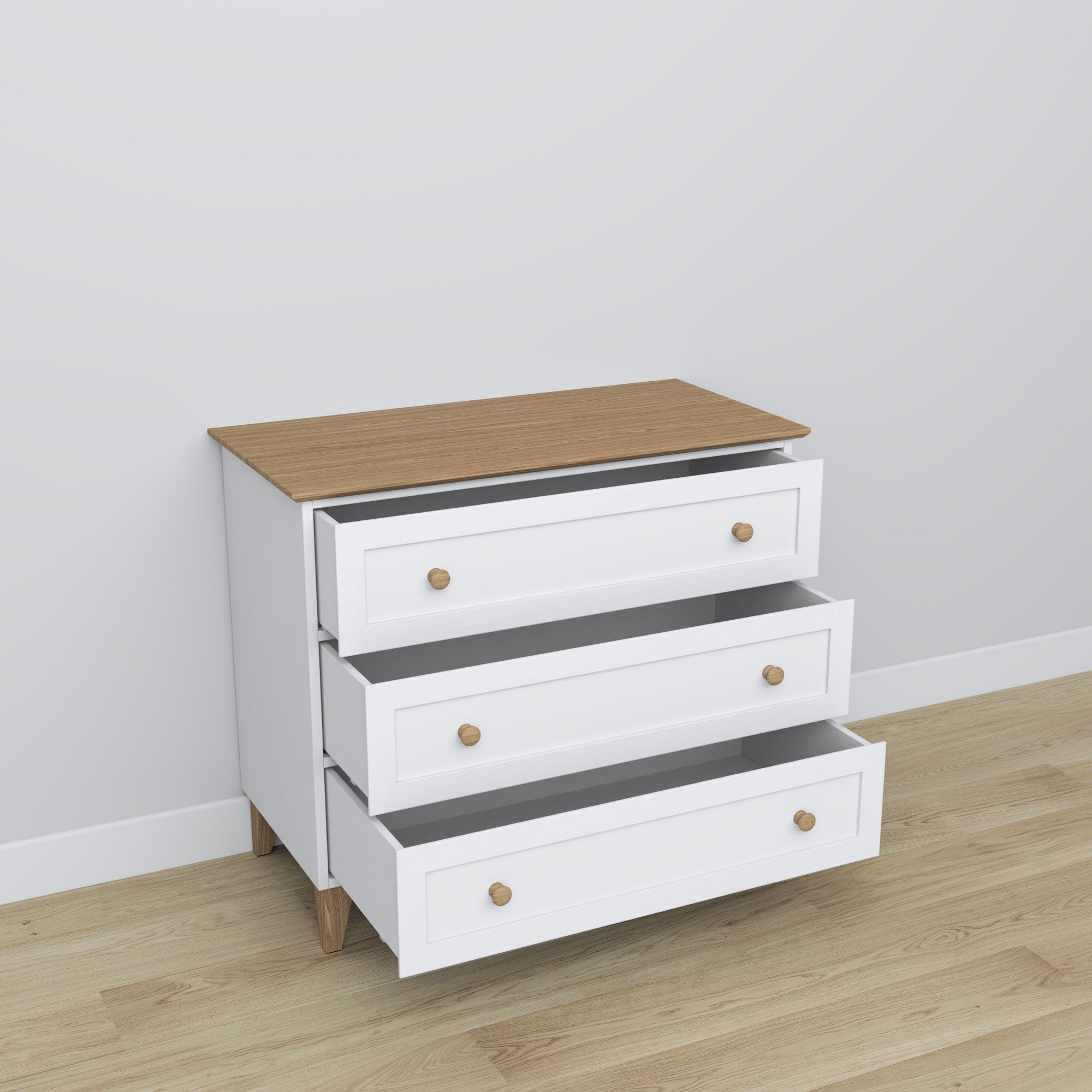 Cassettiera 3S in legno bianco con quercia – cassetti aperto, capiente ambiente vani