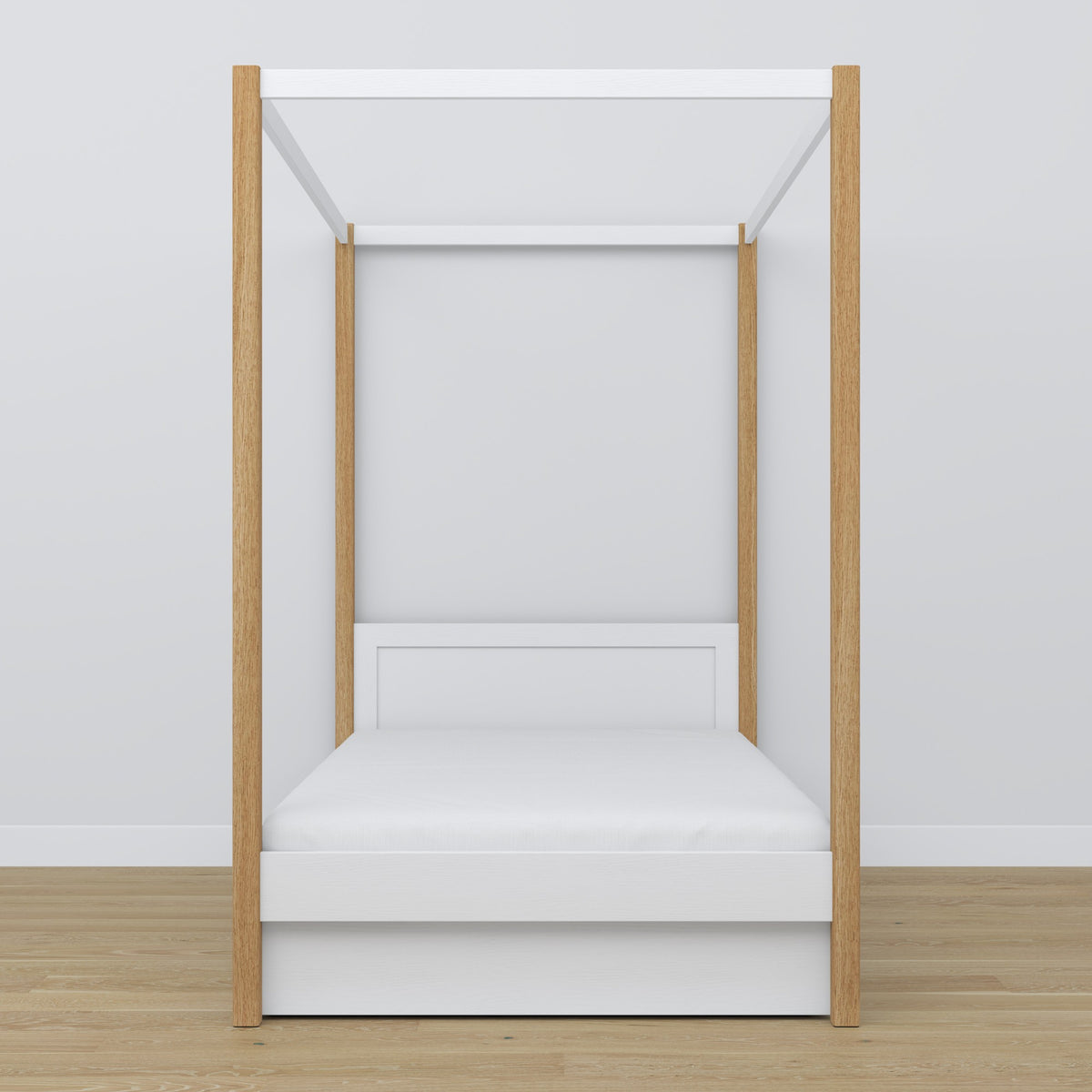 Bett Weiß-Eiche mit Baldachin – offene Schublade, aus Holz, Nizio Home