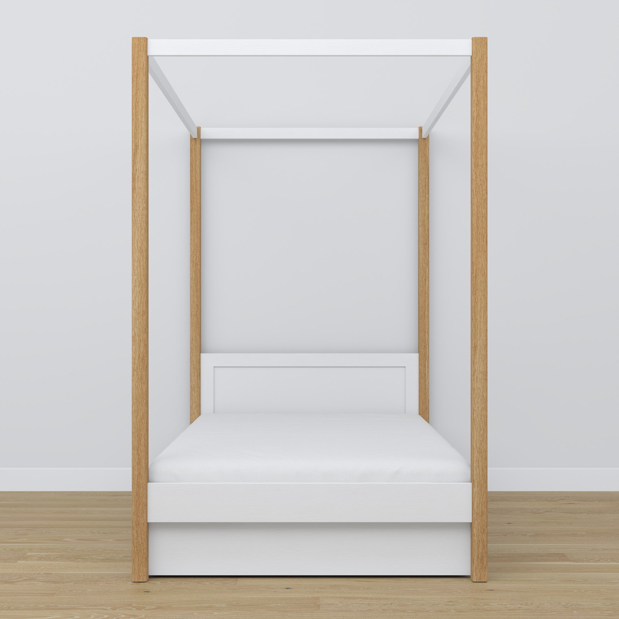 Bett Weiß-Eiche mit Baldachin – offene Schublade, aus Holz, Nizio Home