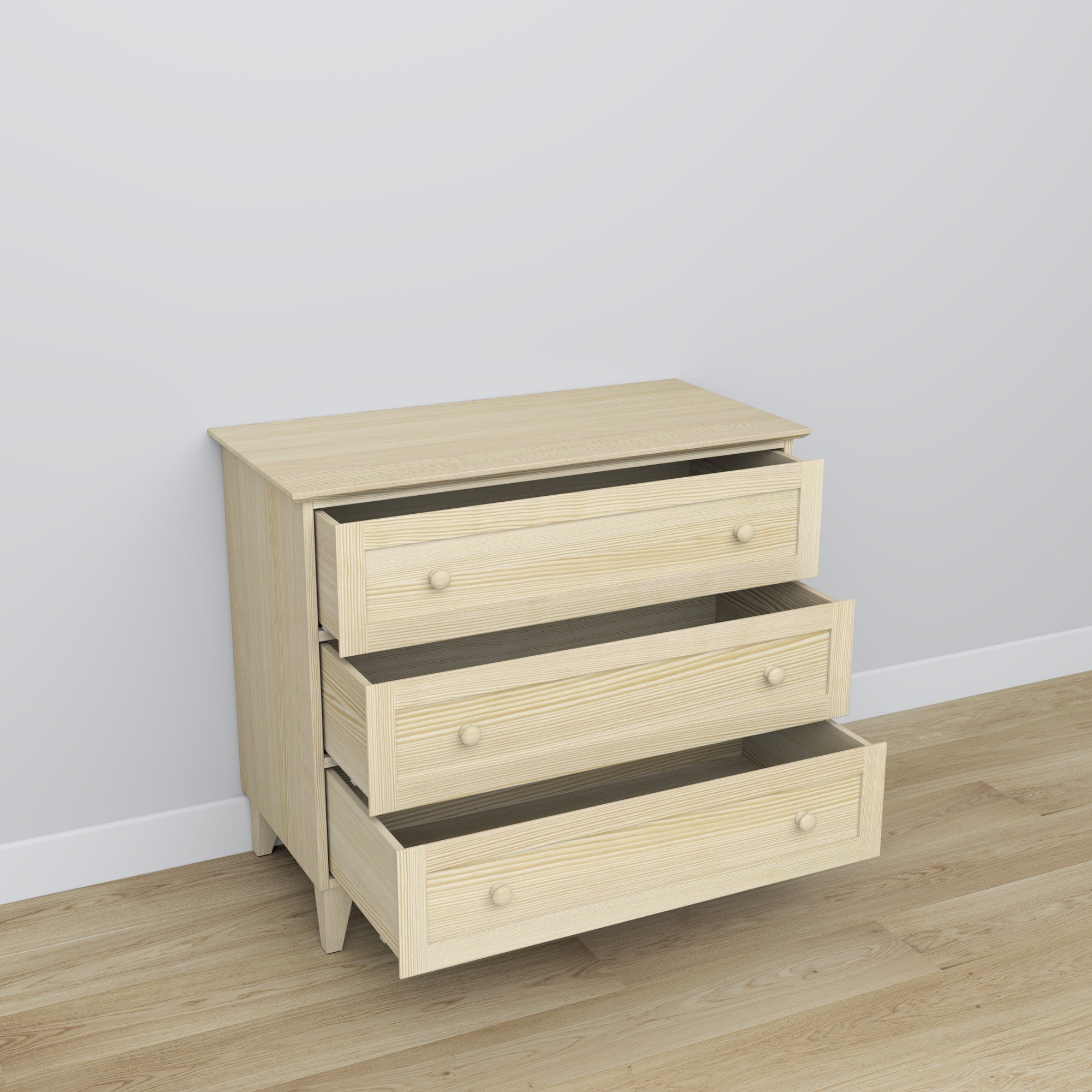 Cassettiera 3S in pino trasparente 105 cm in camera da letto – allestimento scandinava