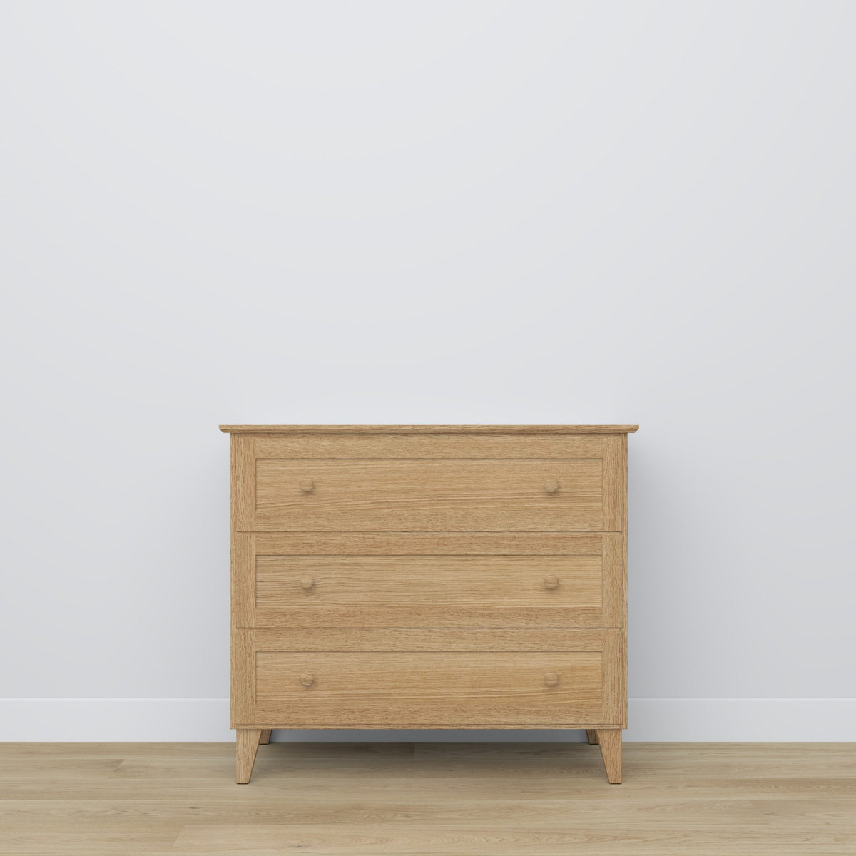 Cassettiera 3S in rovere naturale 105 cm in camera da letto – allestimento scandinava