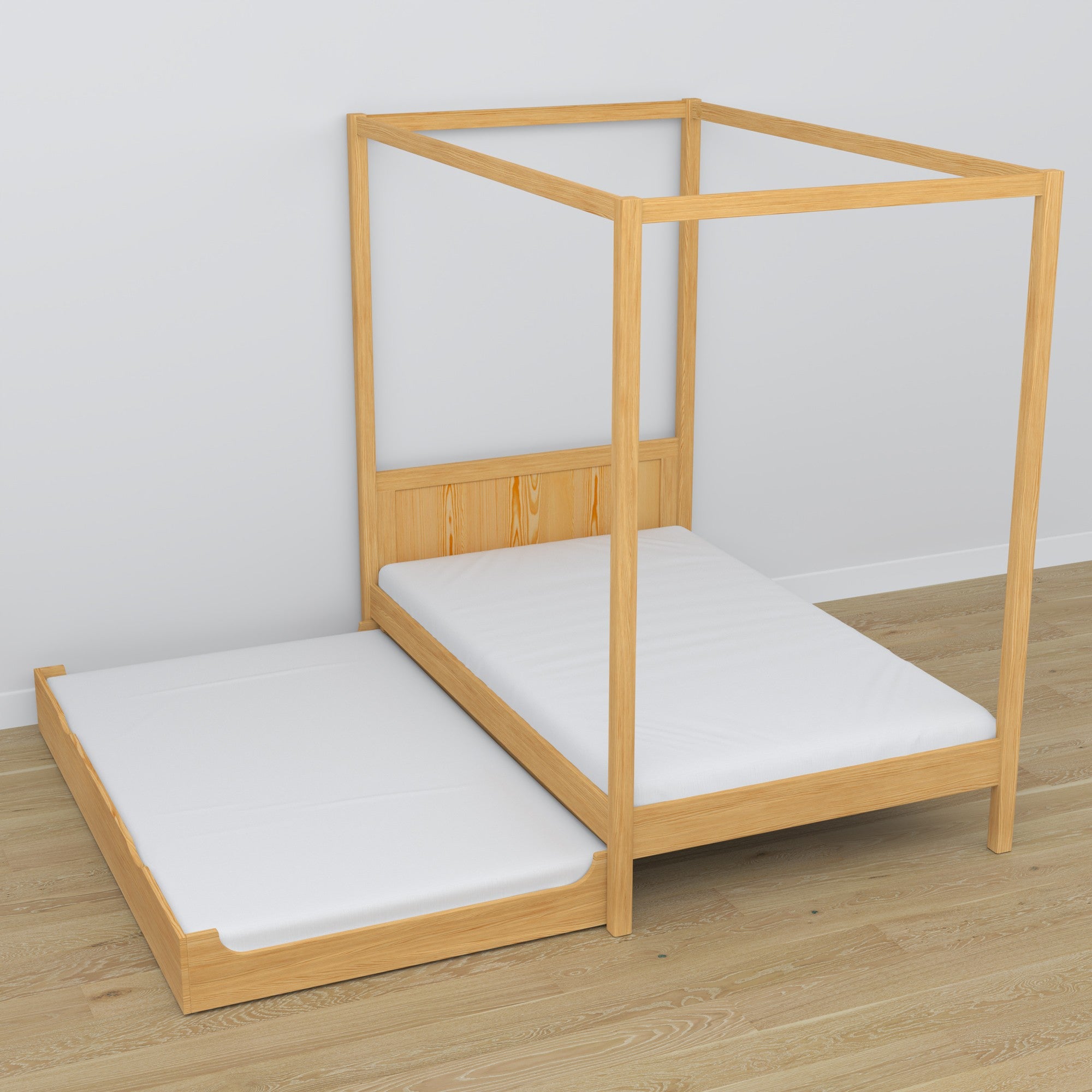 Wooden natural pine canopy bed – extended drawer, guest sleeping space