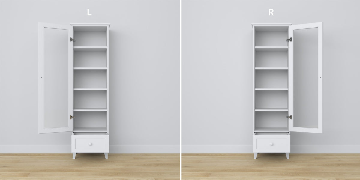 Vetrina 1S 57 bianco – cerniere szklanych porte, in legno, dettaglio