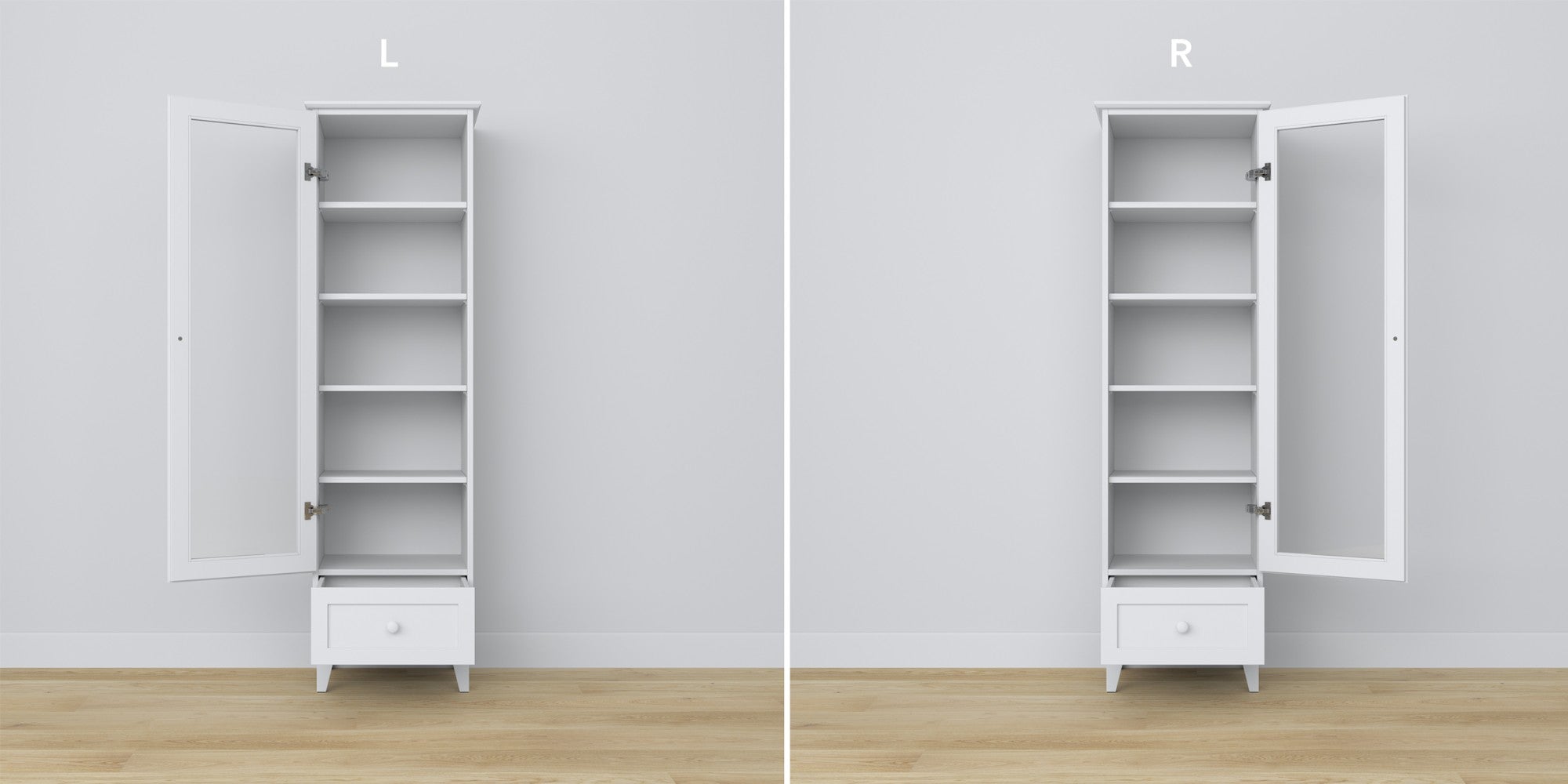 Vetrina 1S 57 bianco – cerniere szklanych porte, in legno, dettaglio