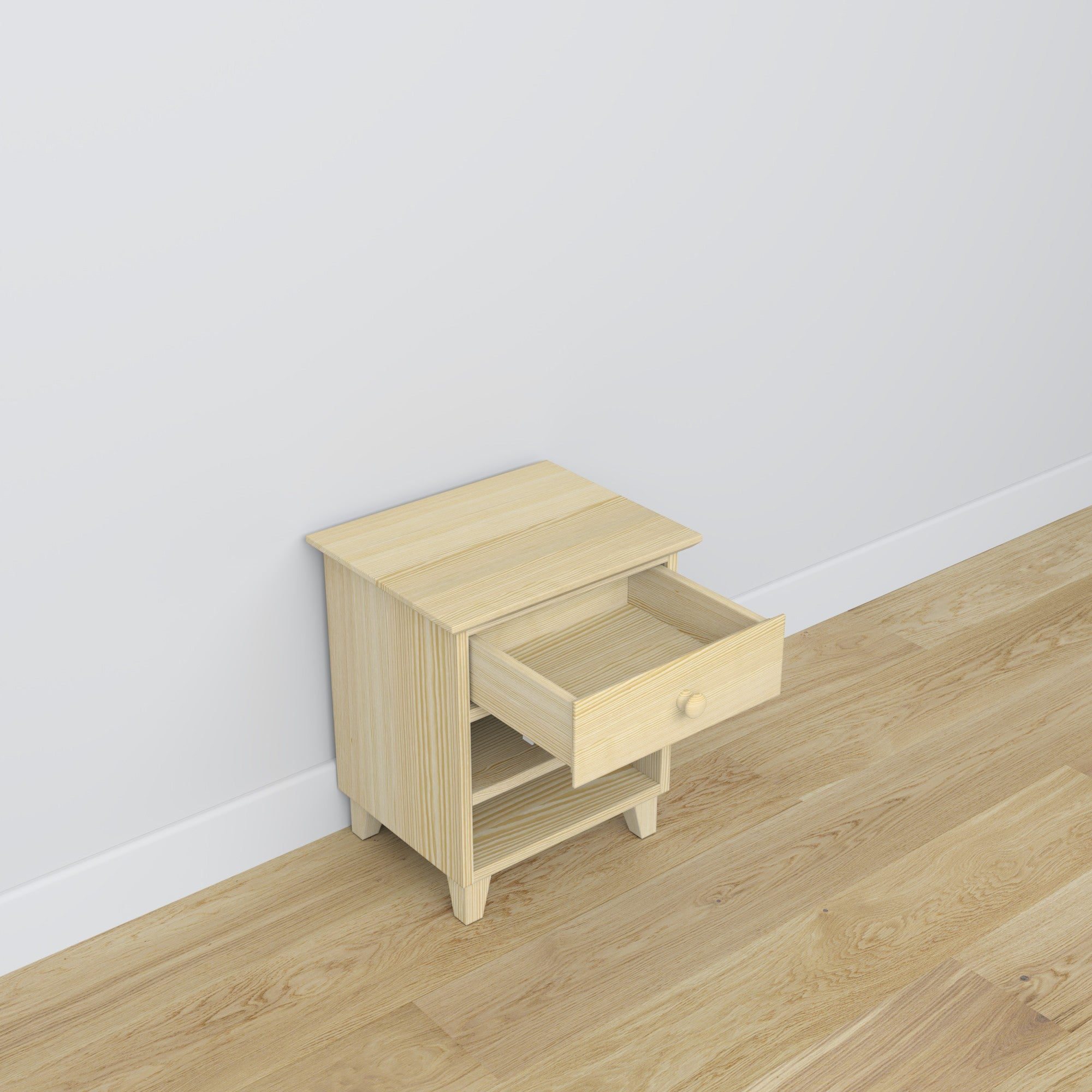 Comodino N02 in pino trasparente – cassetto aperto, vano vicino al letto