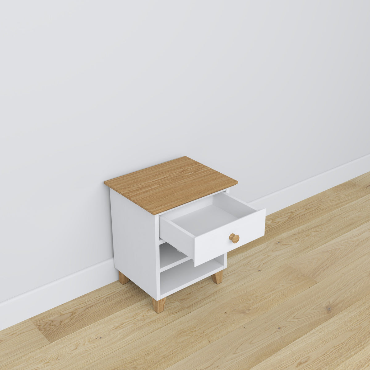 Comodino N02 in legno bianco con quercia – cassetto aperto, vano vicino al letto