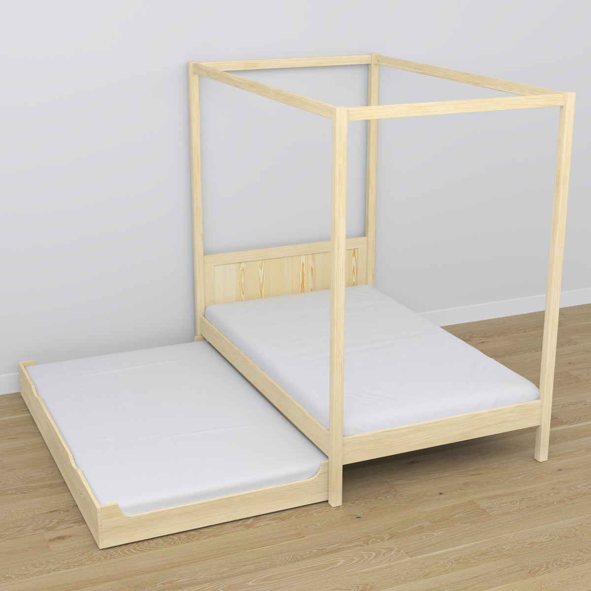 Lit à baldaquin en bois pin incolore – tiroir sorti, place pour un invité