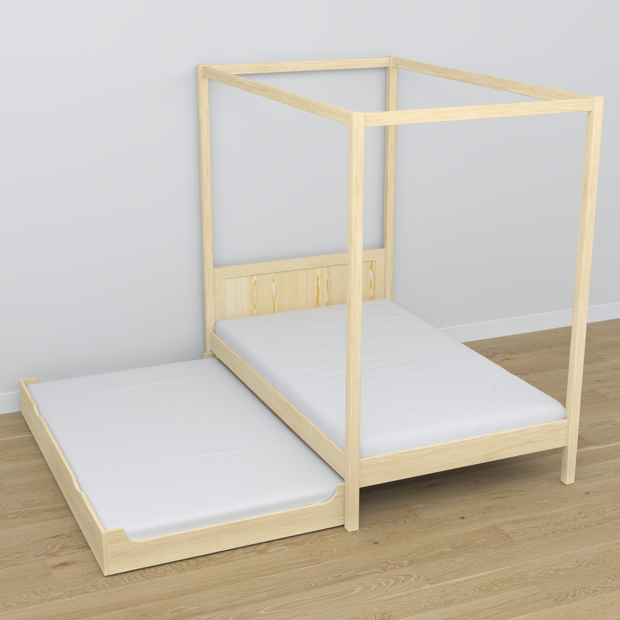 Lit à baldaquin en bois pin incolore – tiroir sorti, place pour un invité