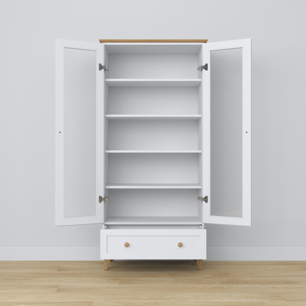 Vetrina 1S 90 bianco con quercia – porte in vetro, cerniere, in legno, Nizio