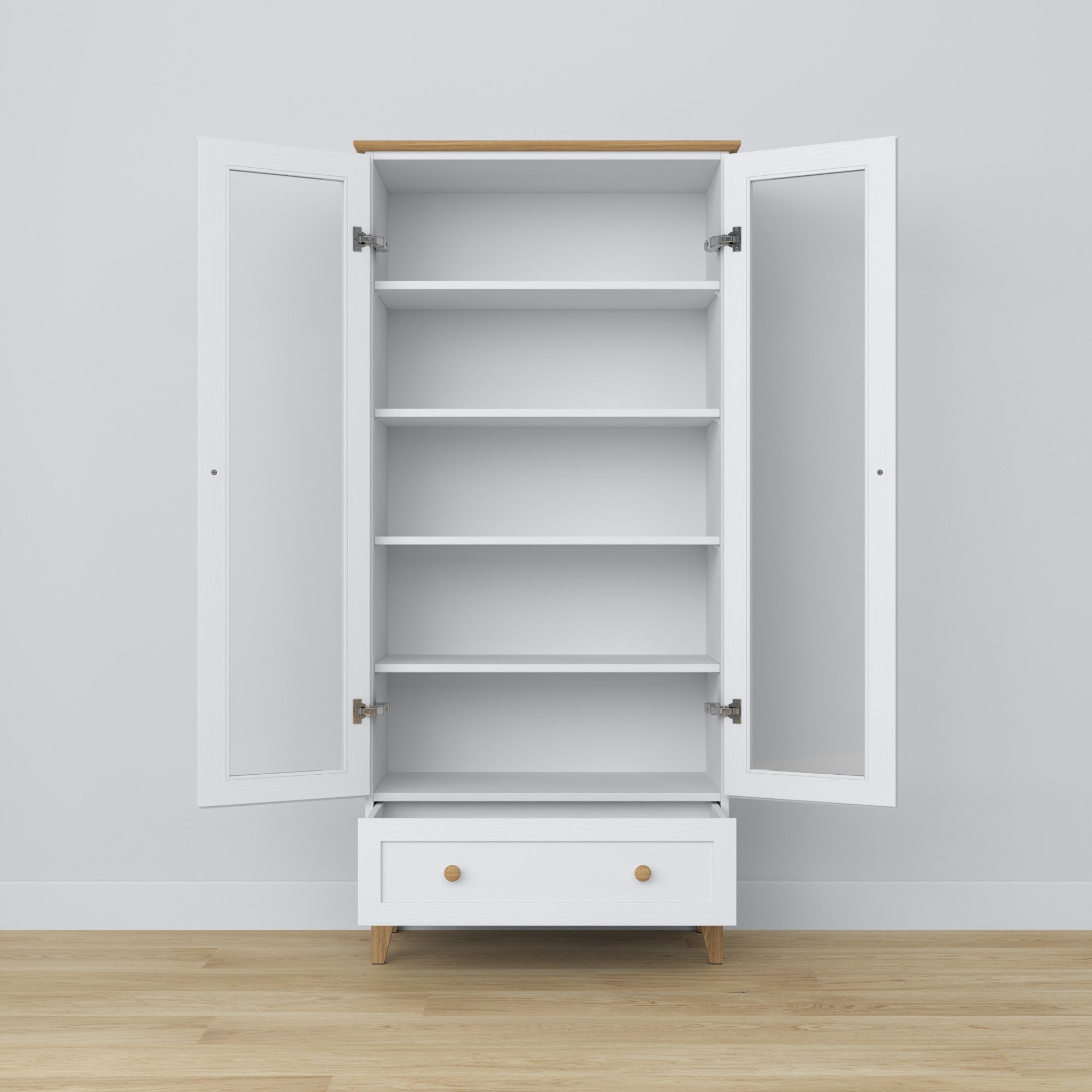 Vetrina 1S 90 bianco con quercia – porte in vetro, cerniere, in legno, Nizio