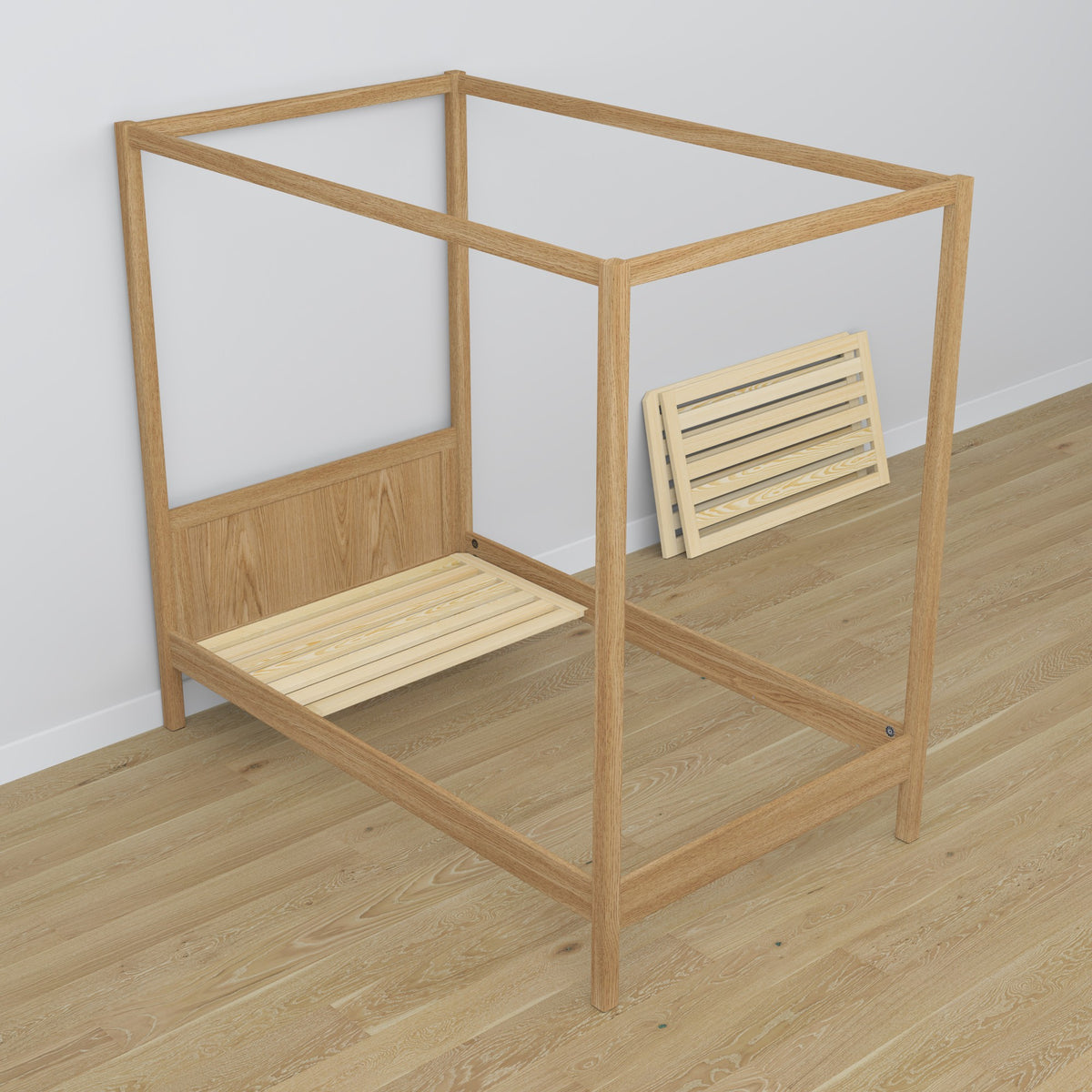 Natural Oak Canopy Bed in a Children’s Room – Scandi Arrangement