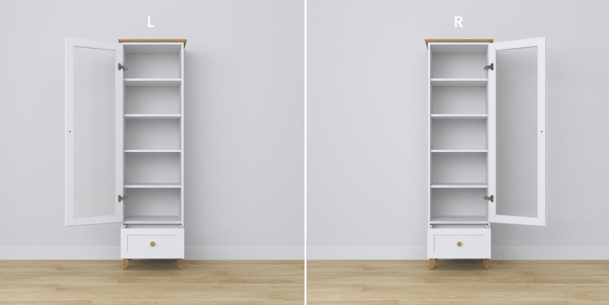 Vetrina 1S 57 bianco con quercia – cerniere szklanych porte, in legno, dettaglio