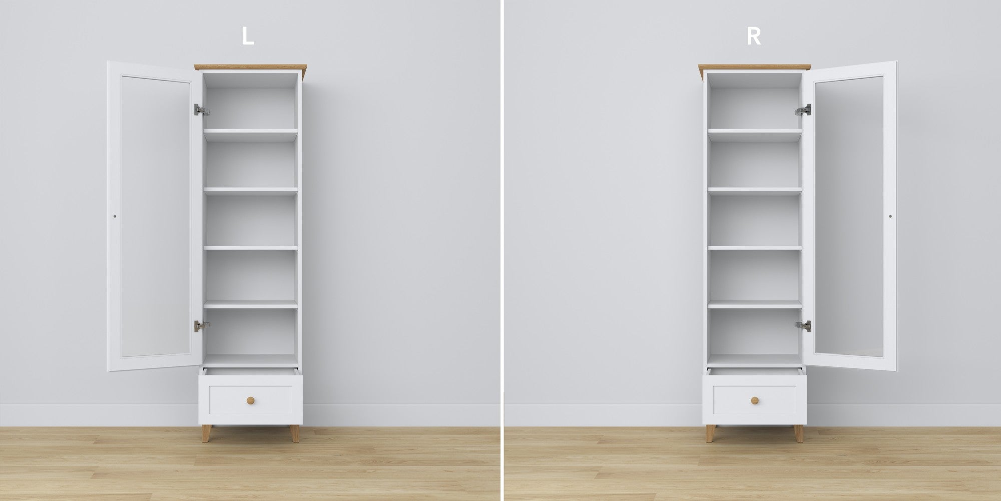 Vetrina 1S 57 bianco con quercia – cerniere szklanych porte, in legno, dettaglio