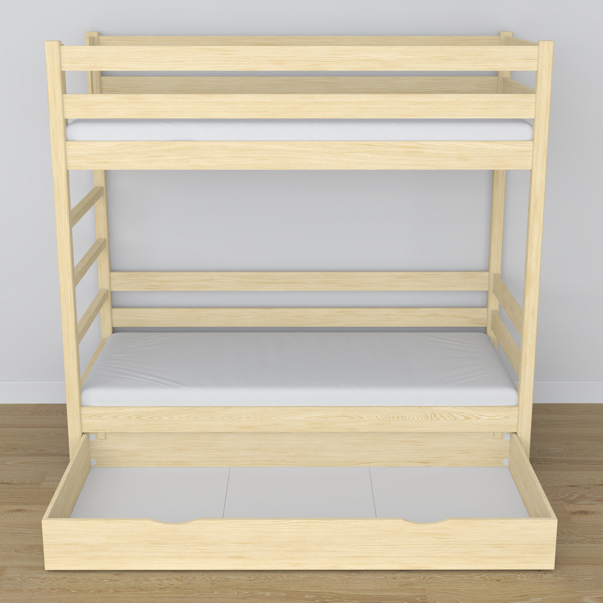 Holz-Etagenbett Kiefer farblos mit Schublade – Maße und Schema, Nizio