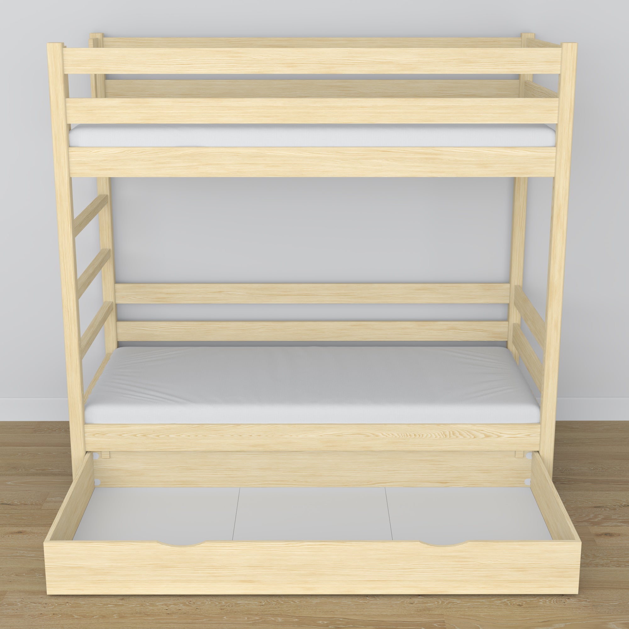 Holz-Etagenbett Kiefer farblos mit Schublade – Maße und Schema, Nizio
