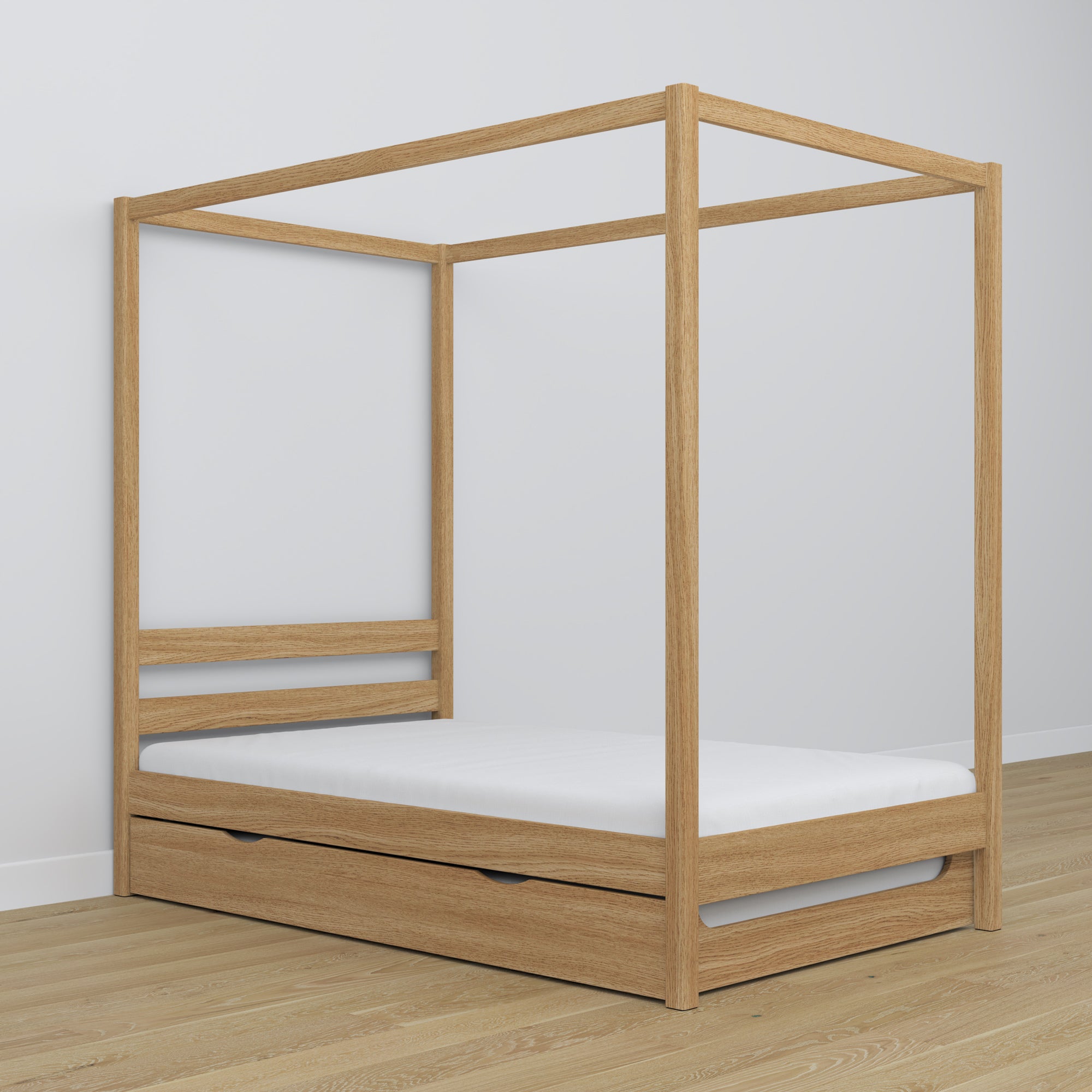 Lit chêne naturel avec baldaquin – tiroir na dodatkowy matelas, en chêne