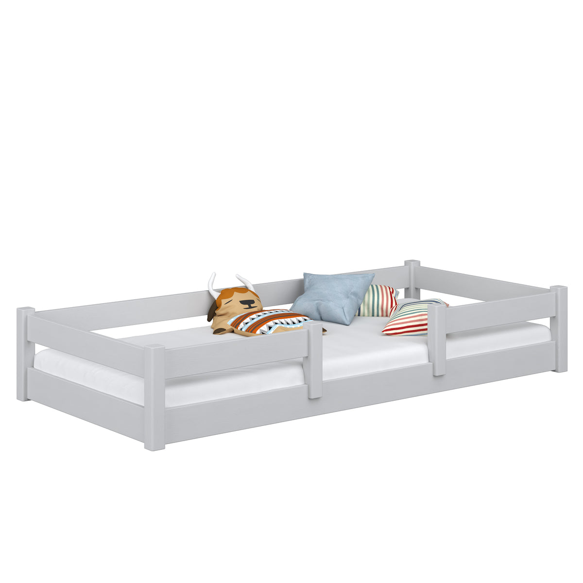 Lit bas en bois gris – chambre, bois massif, style scandinave Nizio