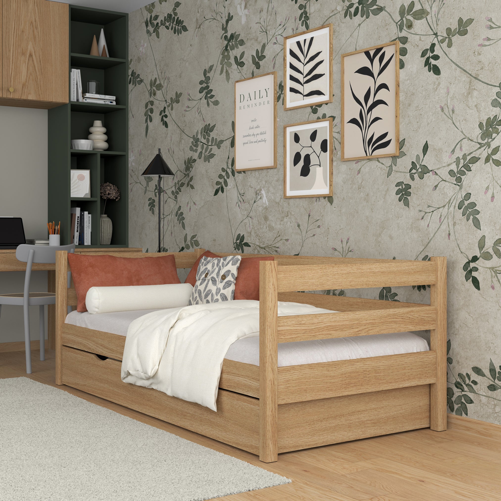 Łóżko sofa z szufladą N01 dąb naturalny – widok z innej perspektywy, solidne drewno