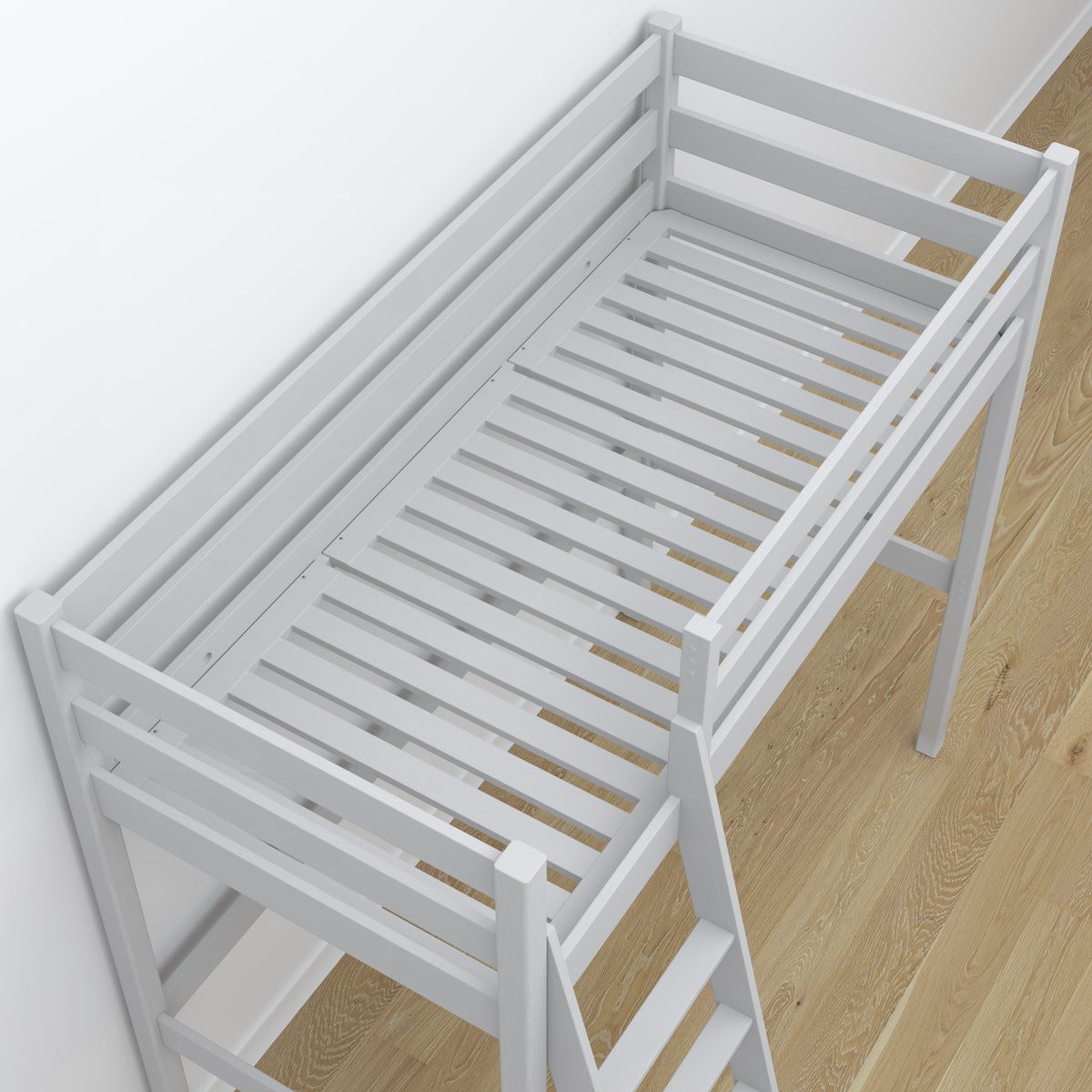 Letto a soppalco con scrivania in legno grigio – dettaglio giunzioni e scala