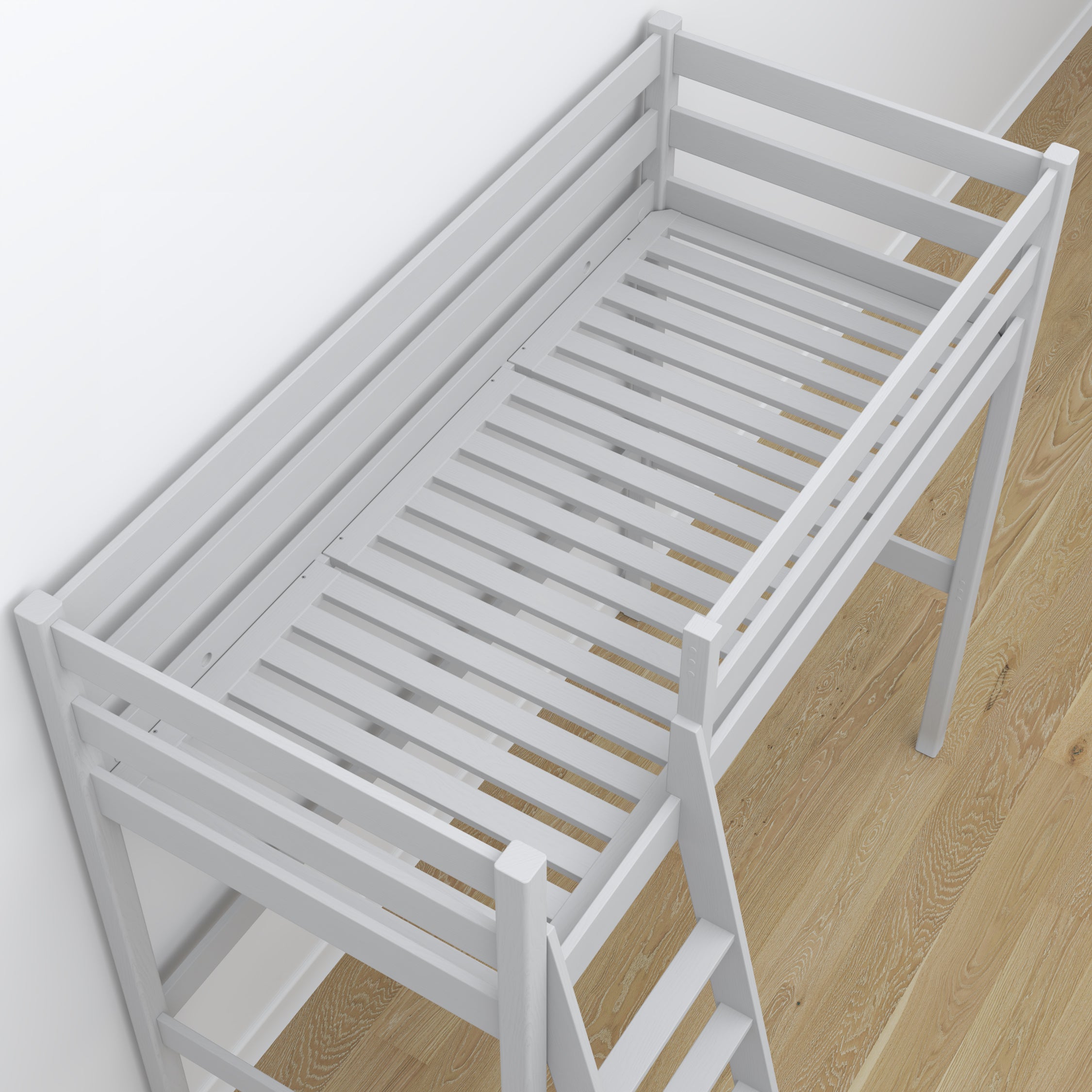 Letto a soppalco con scrivania in legno grigio – dettaglio giunzioni e scala