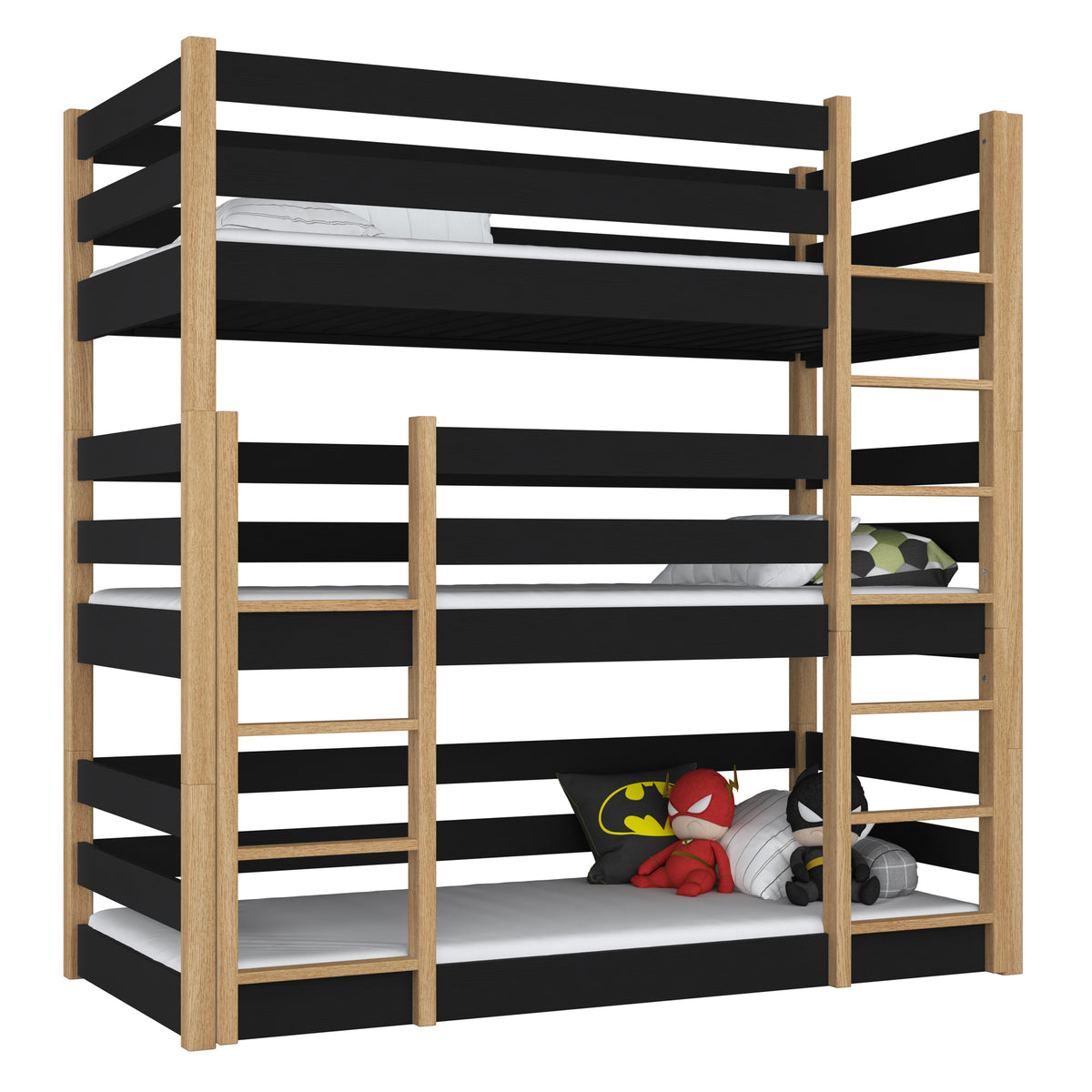Etagenbett 3-stöckig Holz schwarz mit Eiche – drei Schlafplätze, Scandi-Kinderzimmer