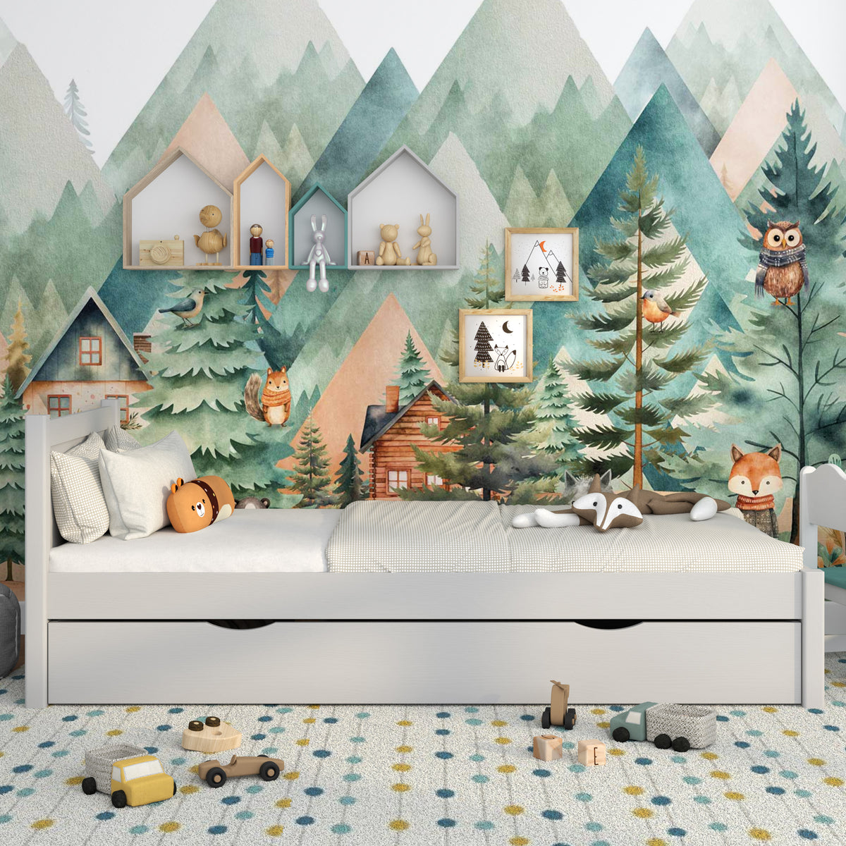Lit gris z tiroir – vue de côté, en bois, Nizio Home