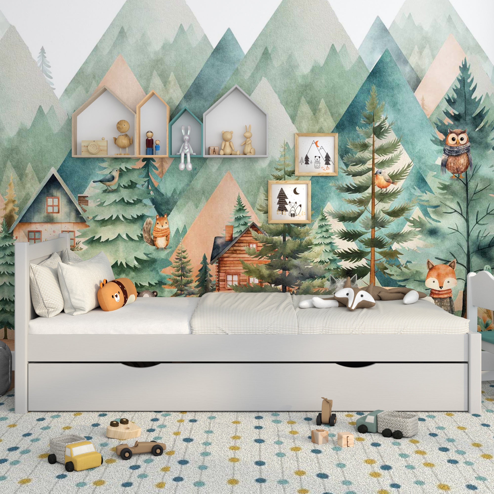 Lit gris z tiroir – vue de côté, en bois, Nizio Home