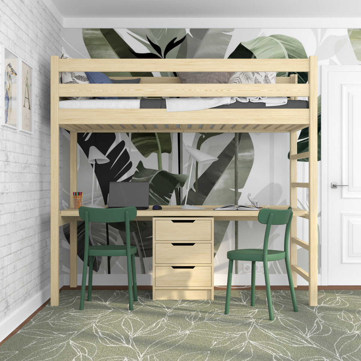 Lit mezzanine pin incolore avec bureau – espace d'apprentissage sous la chambre, en bois