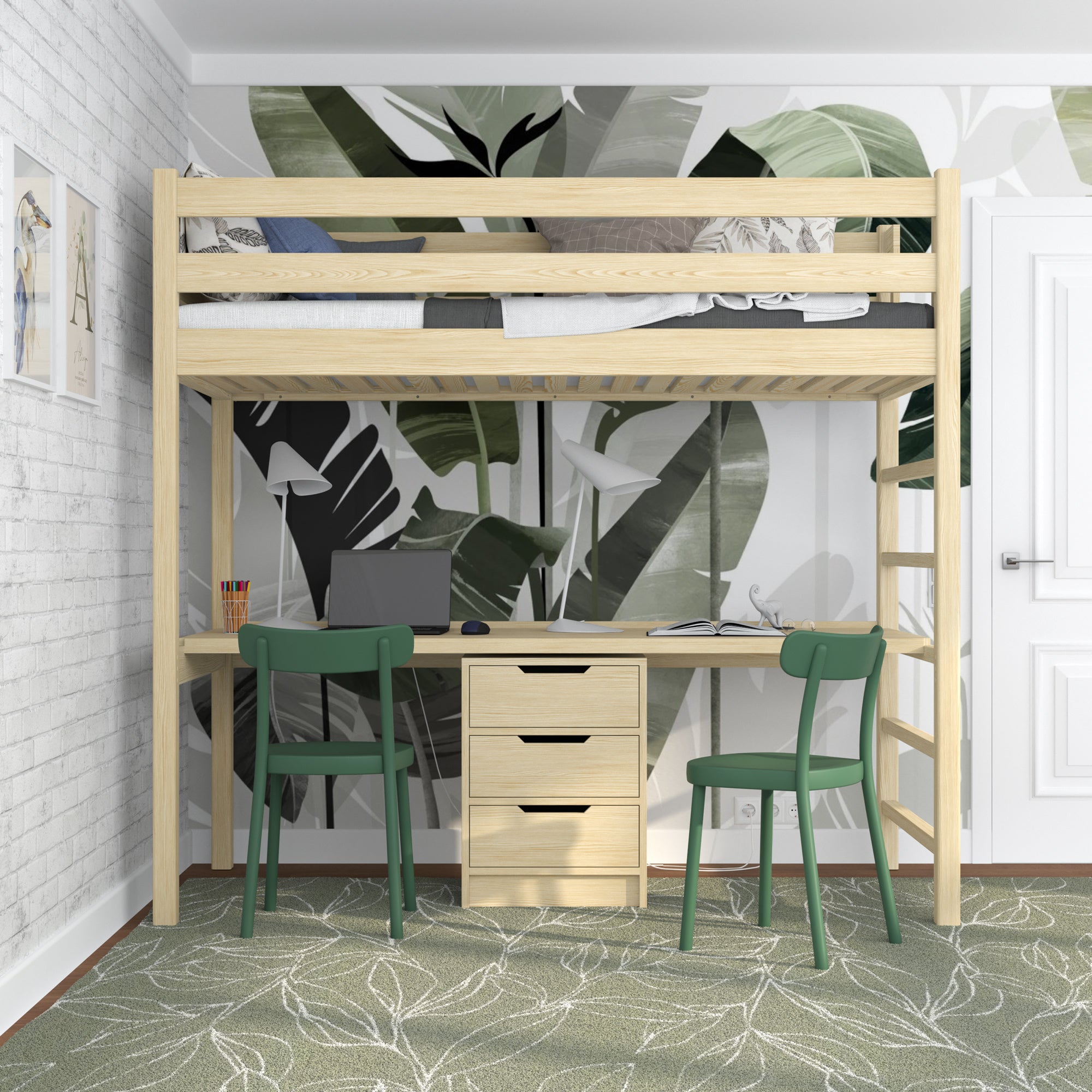 Lit mezzanine pin incolore avec bureau – espace d'apprentissage sous la chambre, en bois