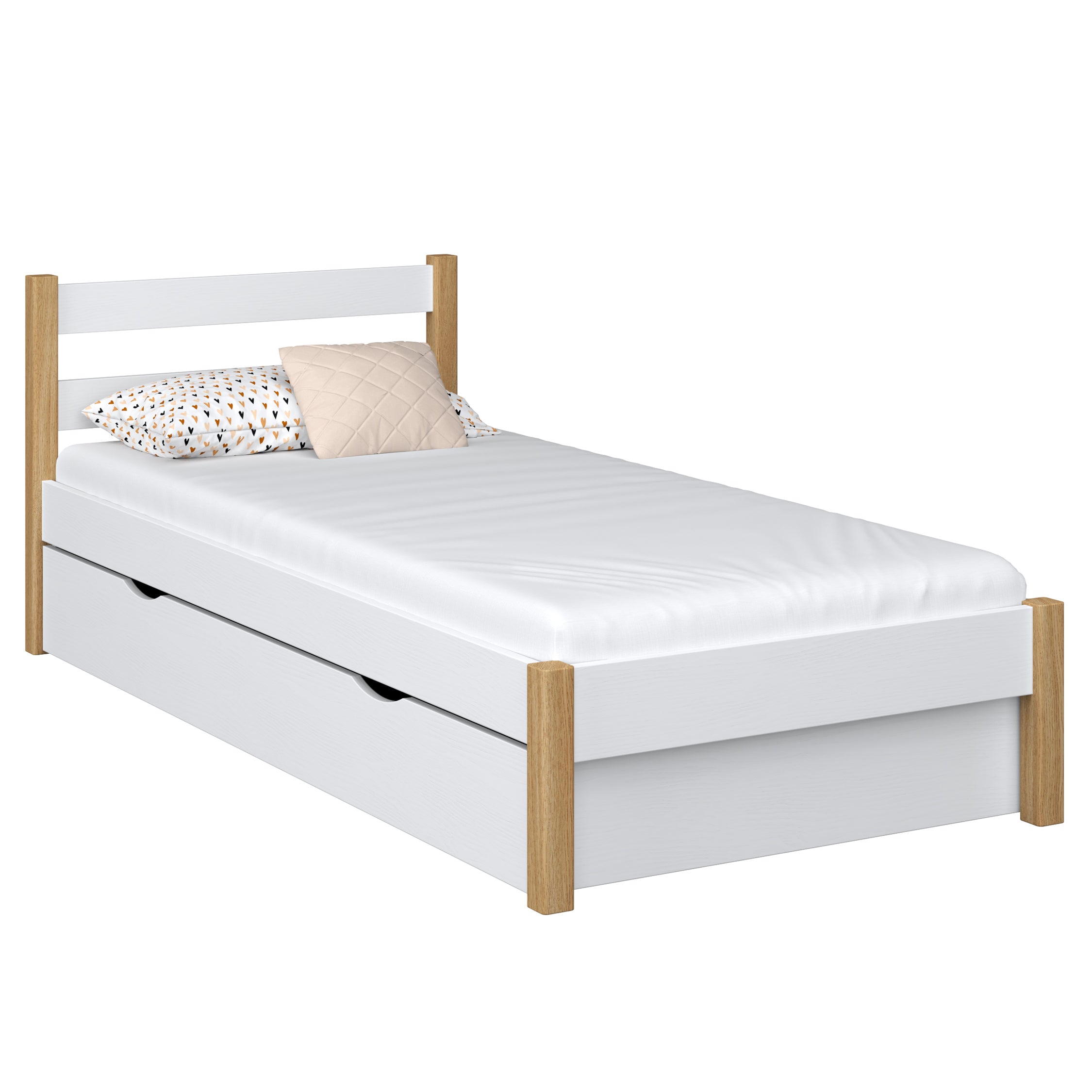 Letto singolo con cassetto in legno bianco-quercia – stanza per bambini, stile scandi