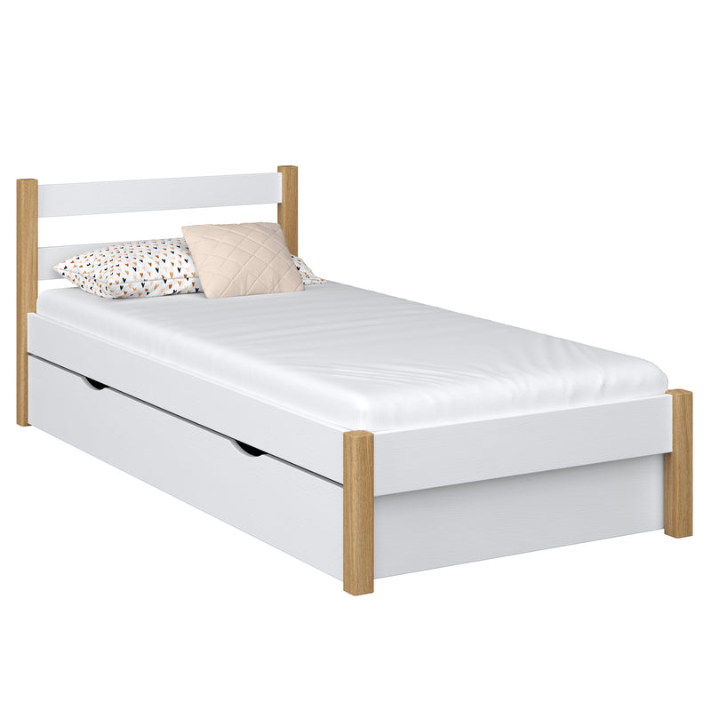 Letto singolo con cassetto in legno bianco-quercia – stanza per bambini, stile scandi