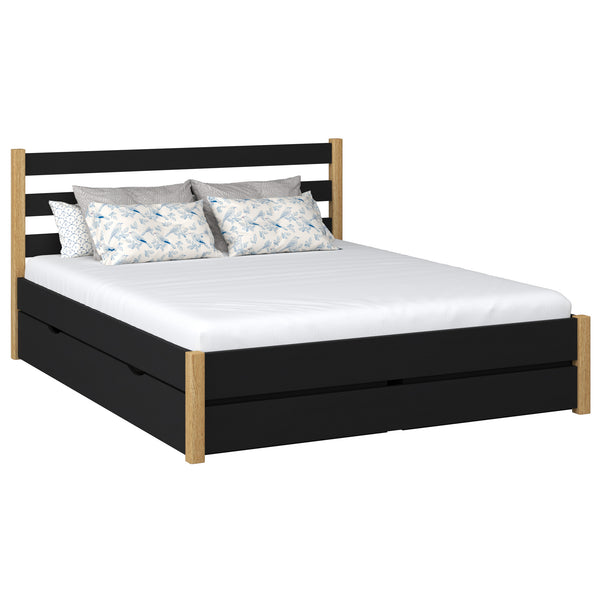 Wooden double bed with drawer N01 black / oak
