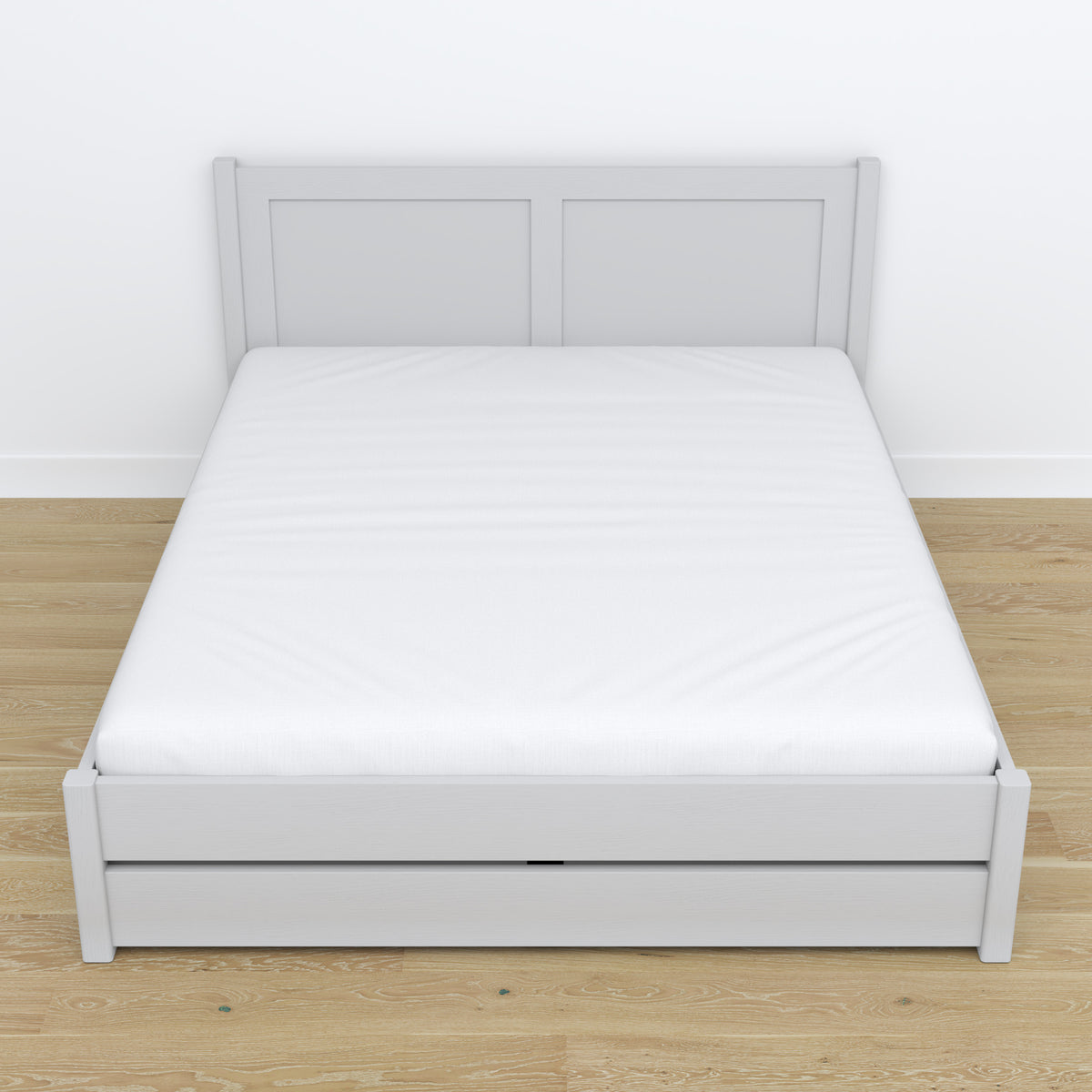 Lit double avec tiroir en bois gris – vue en biais, chambre scandinave
