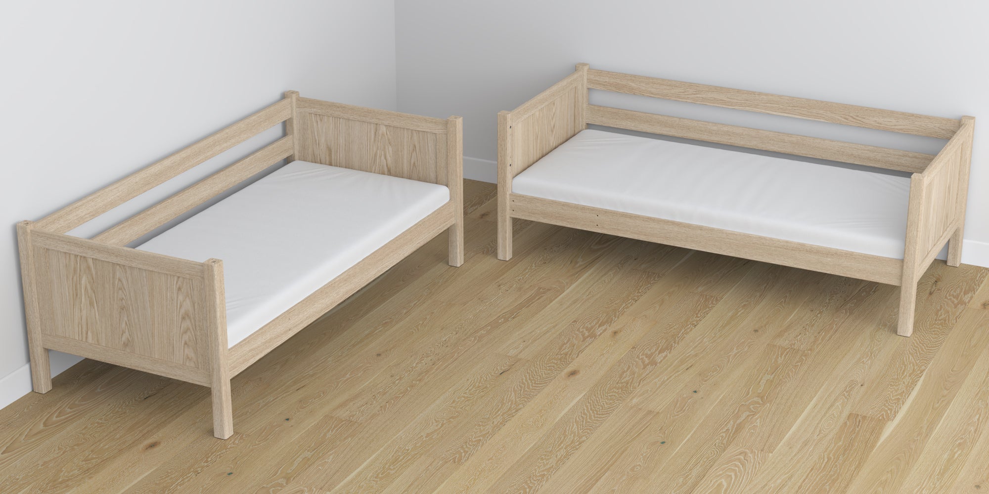 Letto a castello in rovere sbiancata con cassetto per materasso – allestimento nella stanza