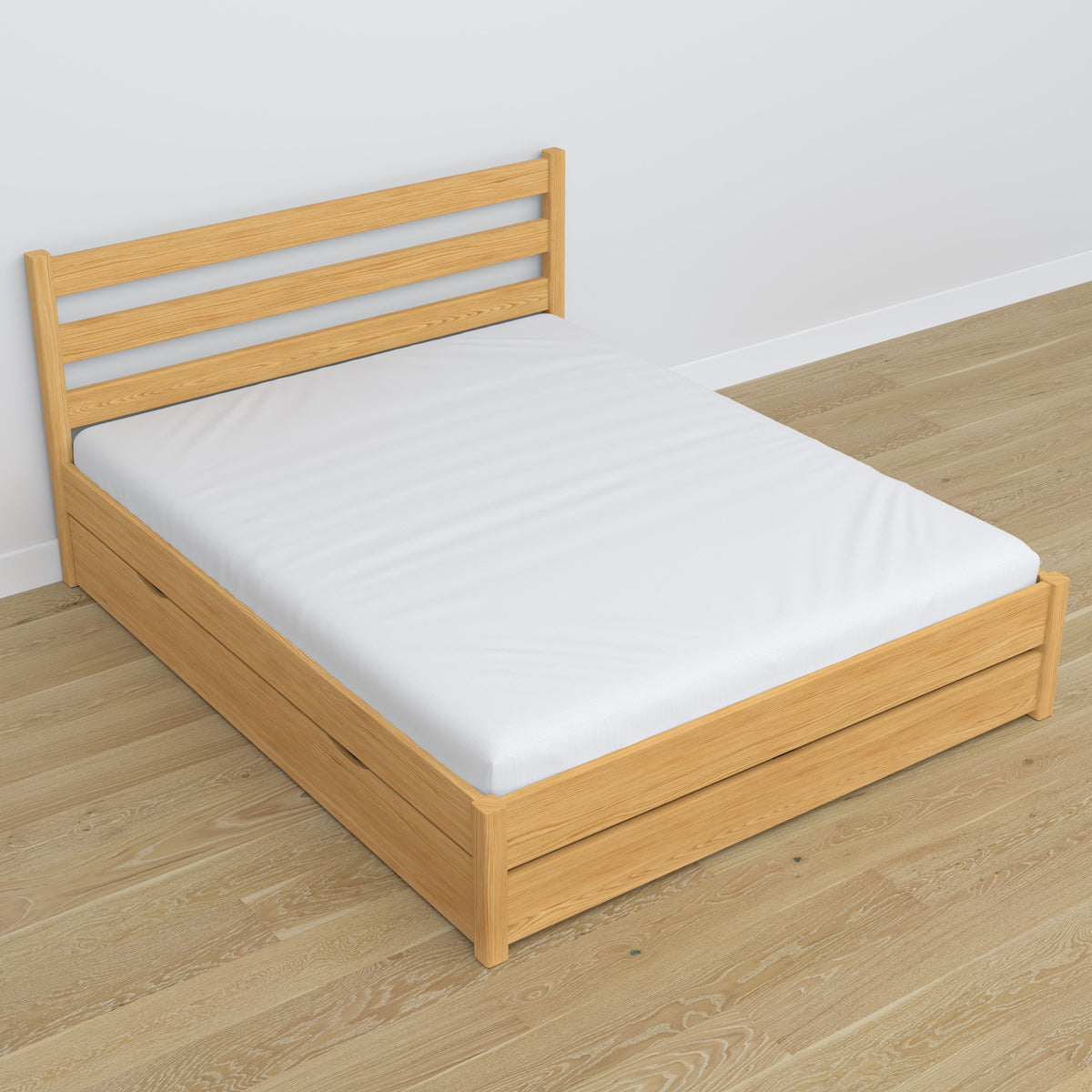 Double bed natural pine – wooden legs and base, close-up
