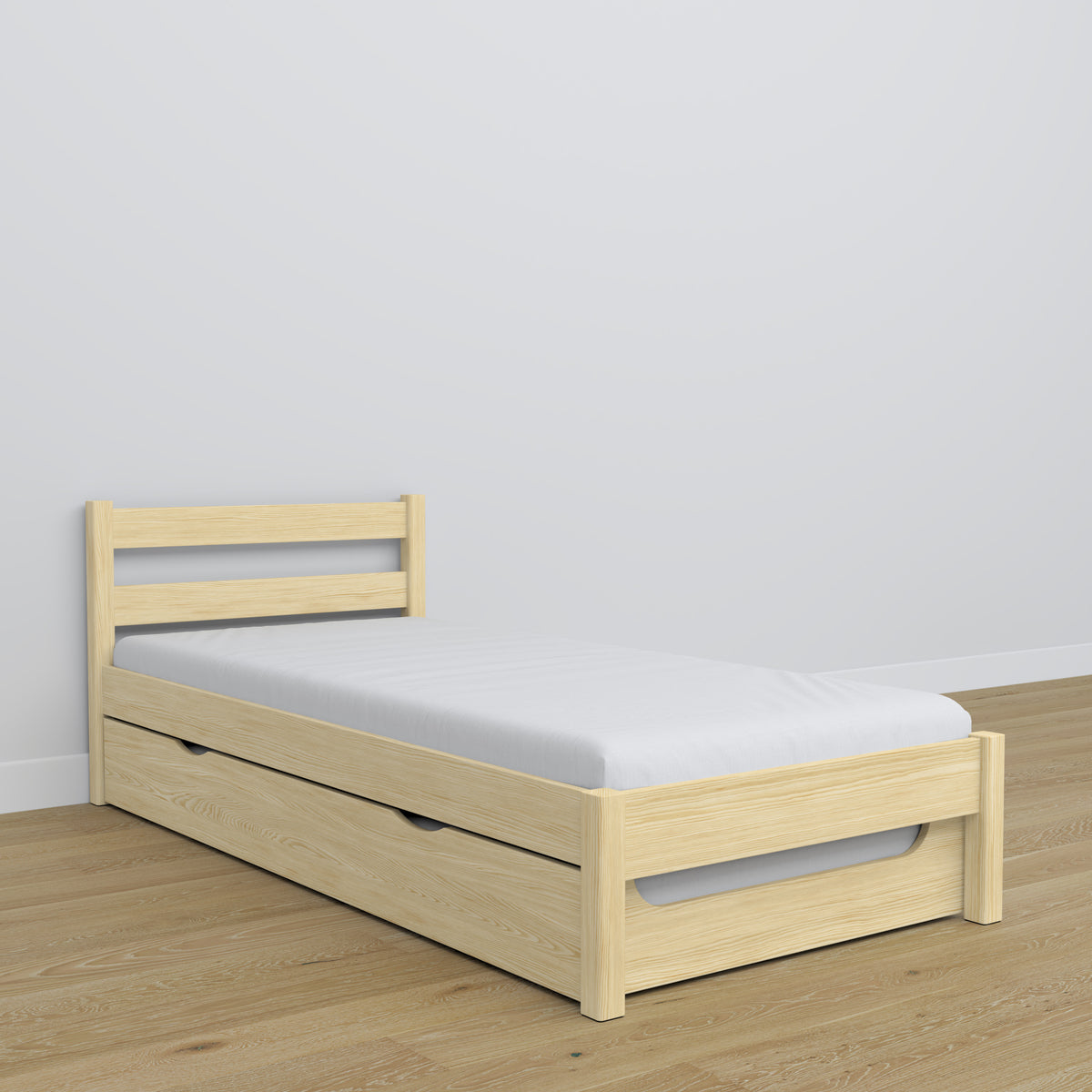 Letto pino trasparente – cassetto per materasso, dettagli in legno, Nizio Home