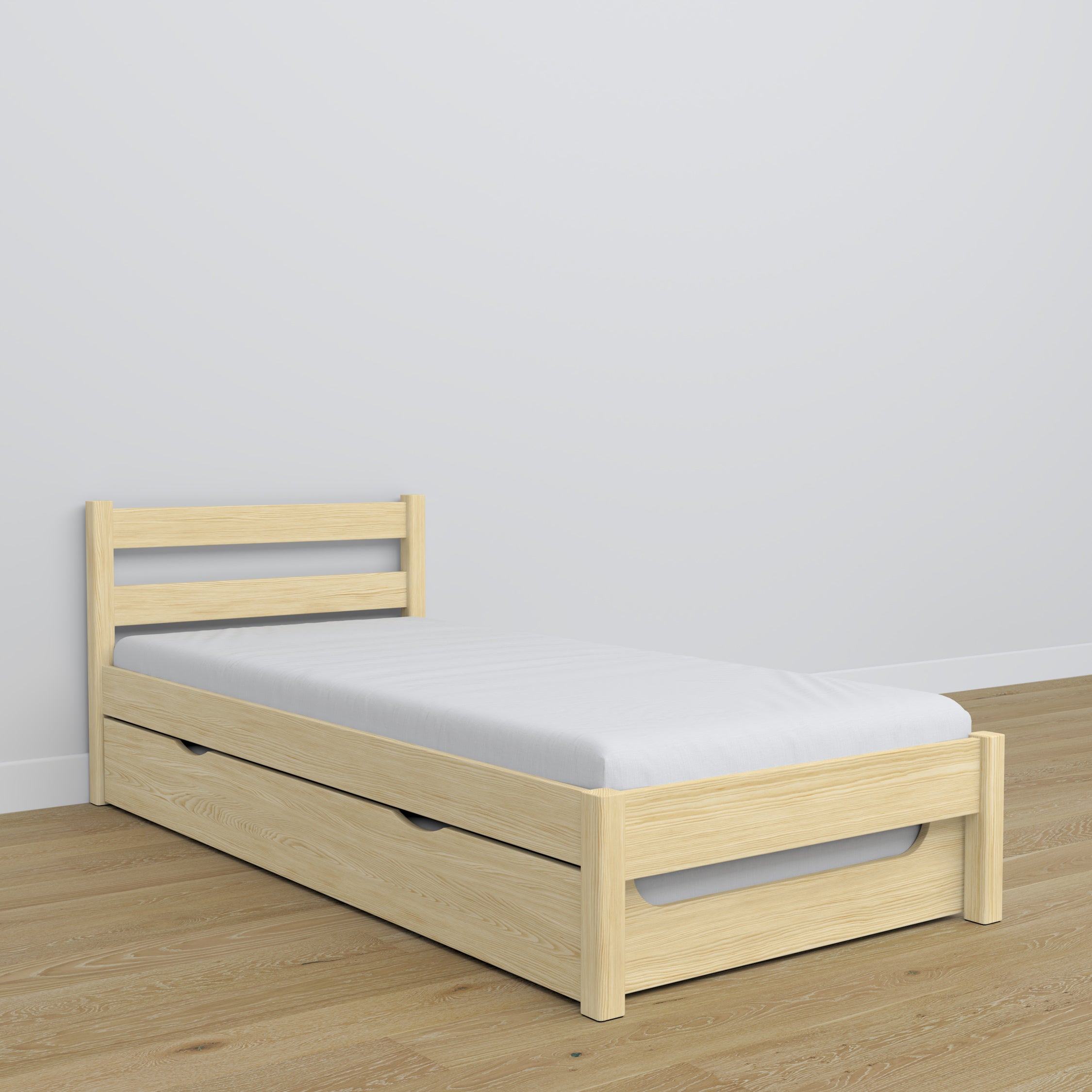 Letto pino trasparente – cassetto per materasso, dettagli in legno, Nizio Home