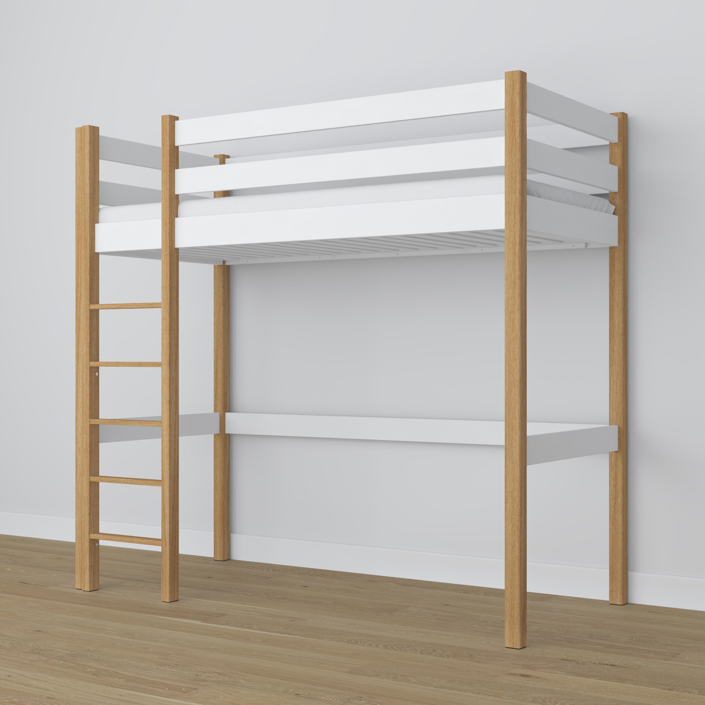 Letto a soppalco in legno bianco-quercia – spazio libero sotto camera da letto, Nizio