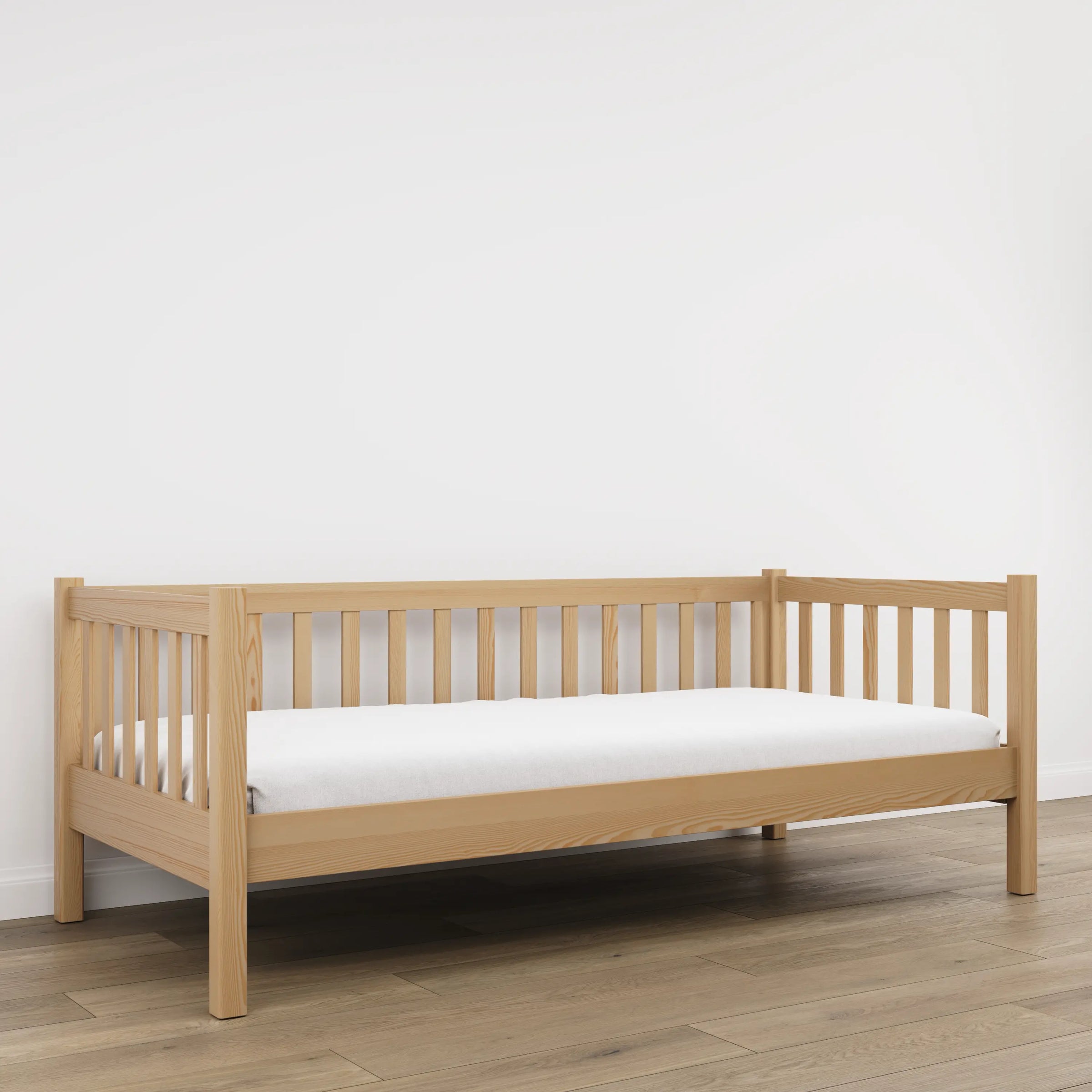 Natural pine sofa bed – wooden side barrier, child safety