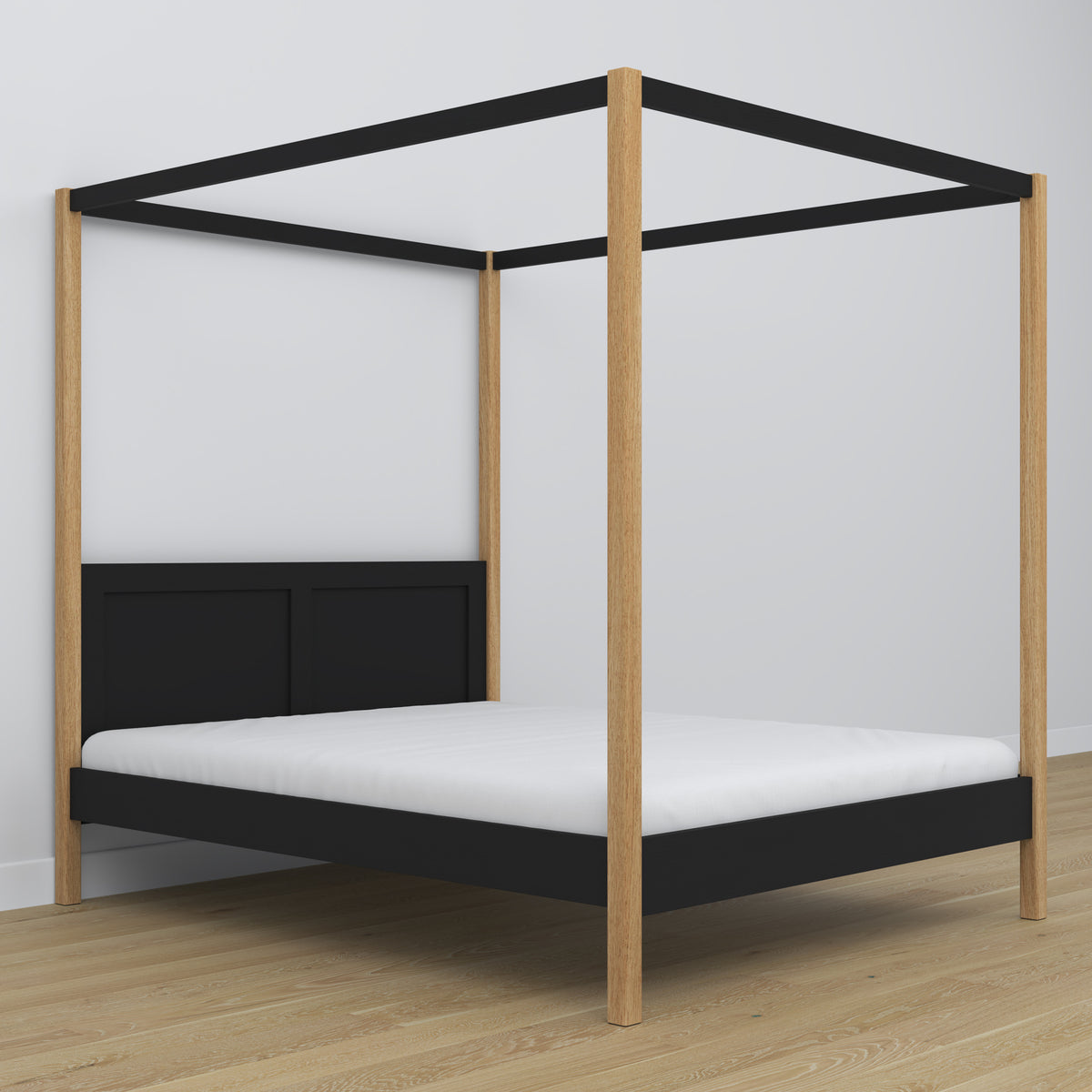 Letto matrimoniale nero-quercia con baldacchino – cornice decorativa in legno, scandi