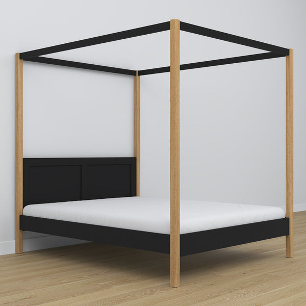 Lit double noir-chêne avec baldaquin – cadre décoratif en bois, scandinave