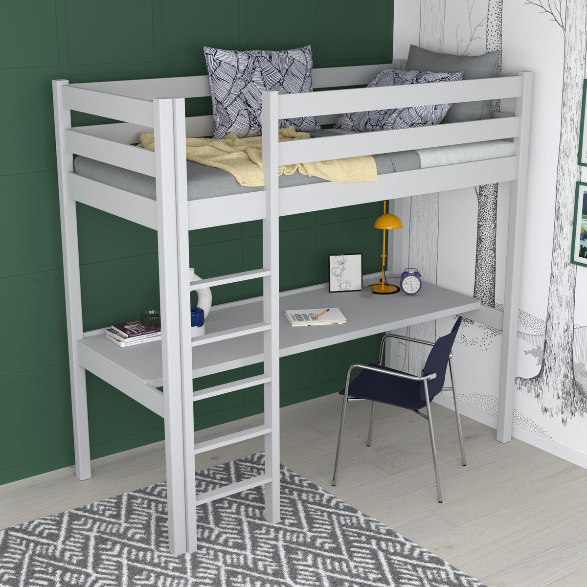 Letto a soppalco grigio – scrivania in legno sotto camera da letto, stanza per bambini scandi