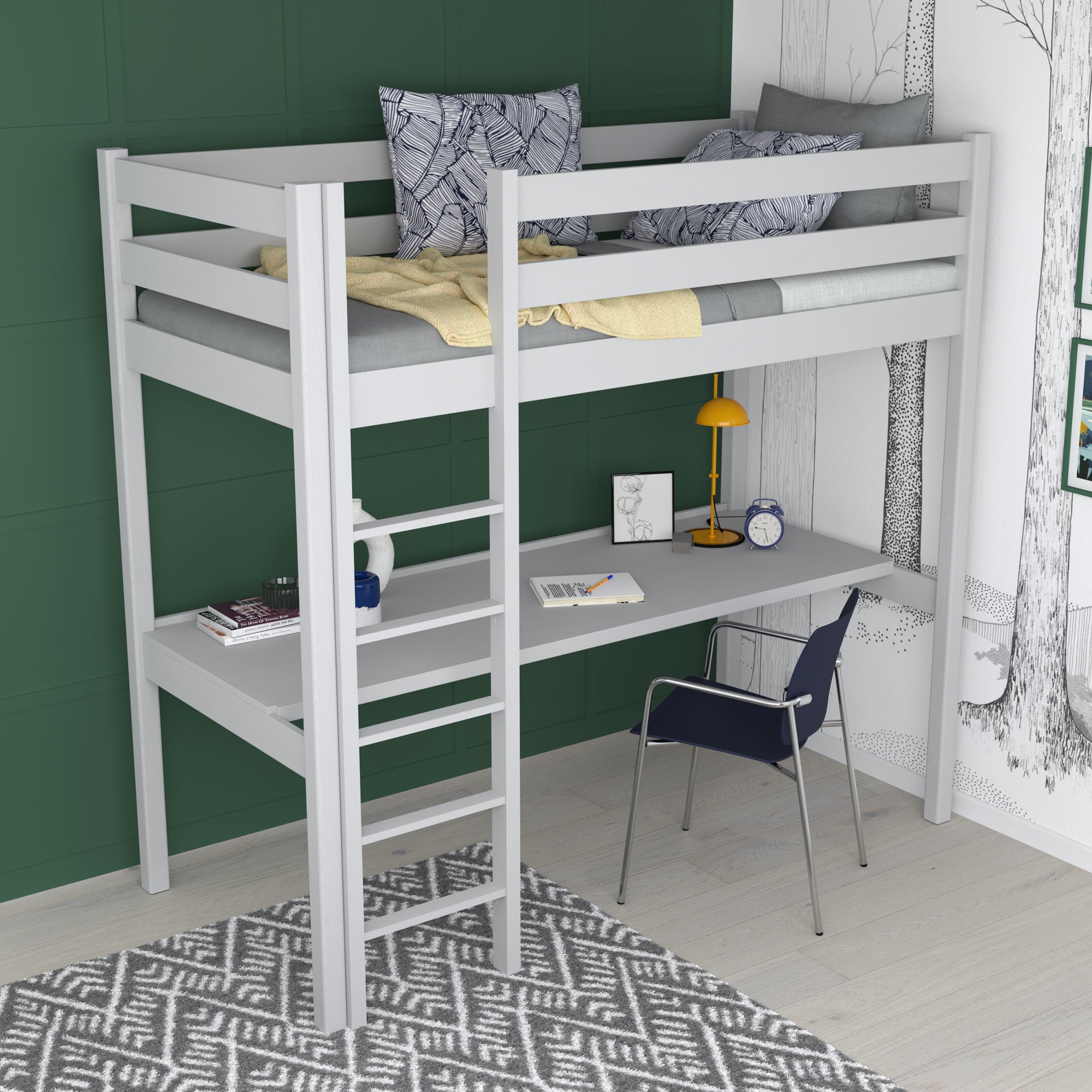 Letto a soppalco grigio – scrivania in legno sotto camera da letto, stanza per bambini scandi