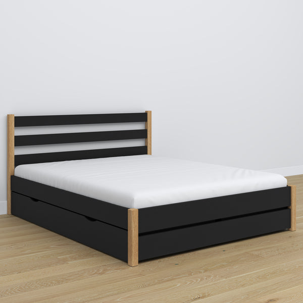 Wooden double bed with drawer N01 black / oak